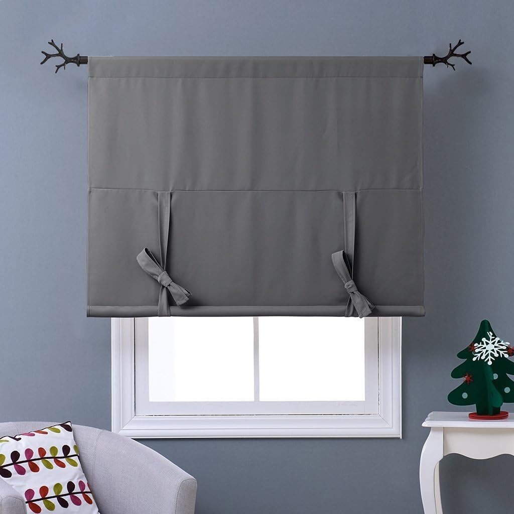 image:imageNICETOWN Thermal Insulated Blackout Short Curtain Bathroom Curtain Gray Tie Up Shade for Small Window Window Valance Balloon Roman Blind Rod Pocket Panel 46 inches W x 63 inches LGrey
