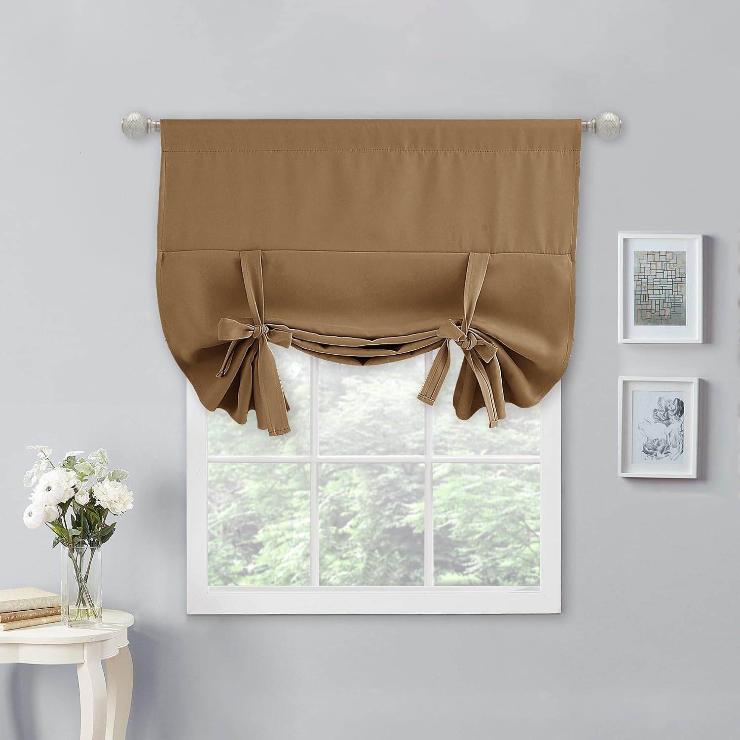 image:imageNICETOWN Thermal Insulated Blackout Short Curtain Bathroom Curtain Gray Tie Up Shade for Small Window Window Valance Balloon Roman Blind Rod Pocket Panel 46 inches W x 63 inches LGold Brown