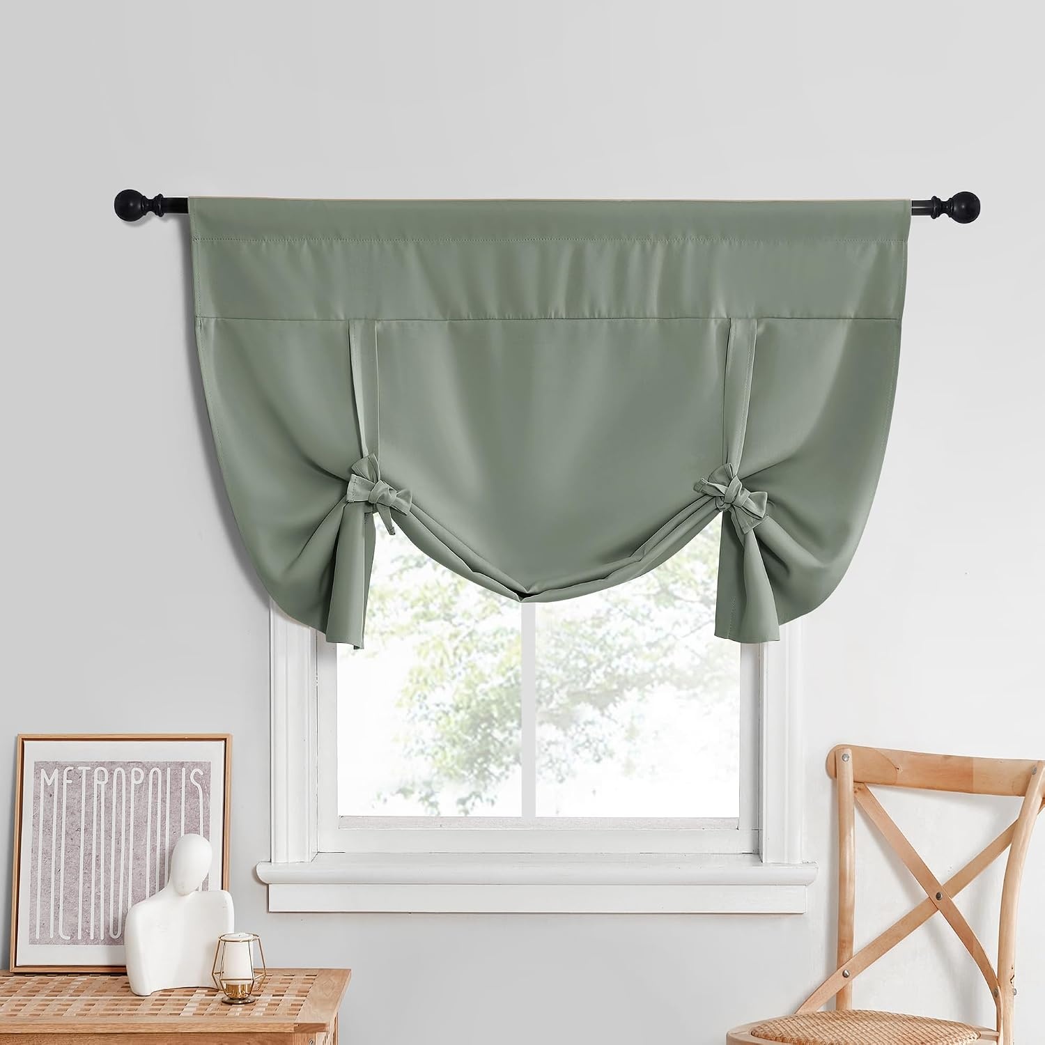 image:imageNICETOWN Thermal Insulated Blackout Short Curtain Bathroom Curtain Gray Tie Up Shade for Small Window Window Valance Balloon Roman Blind Rod Pocket Panel 46 inches W x 63 inches LGreyish Green