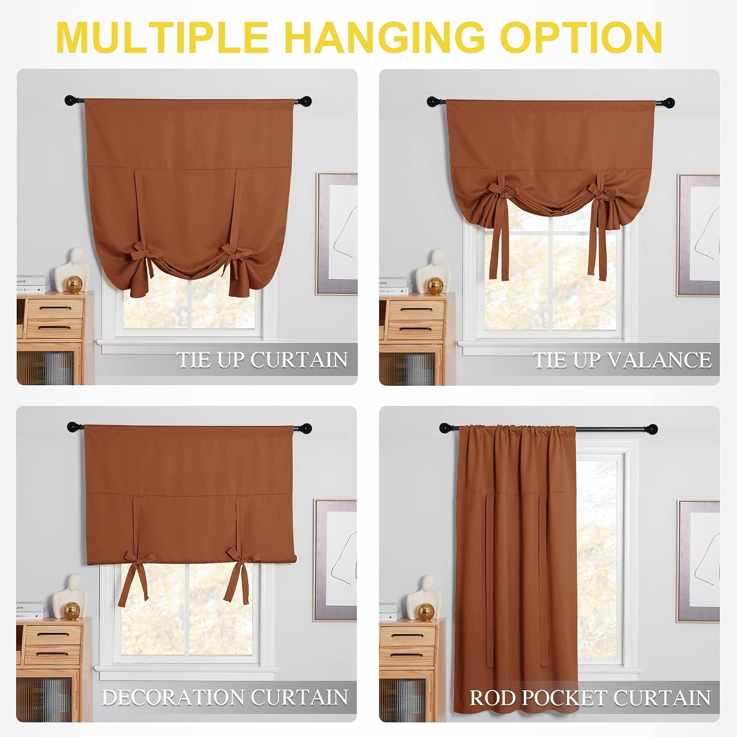 image:imageNICETOWN Thermal Insulated Blackout Short Curtain Bathroom Curtain Gray Tie Up Shade for Small Window Window Valance Balloon Roman Blind Rod Pocket Panel 46 inches W x 63 inches LBurnt Orange