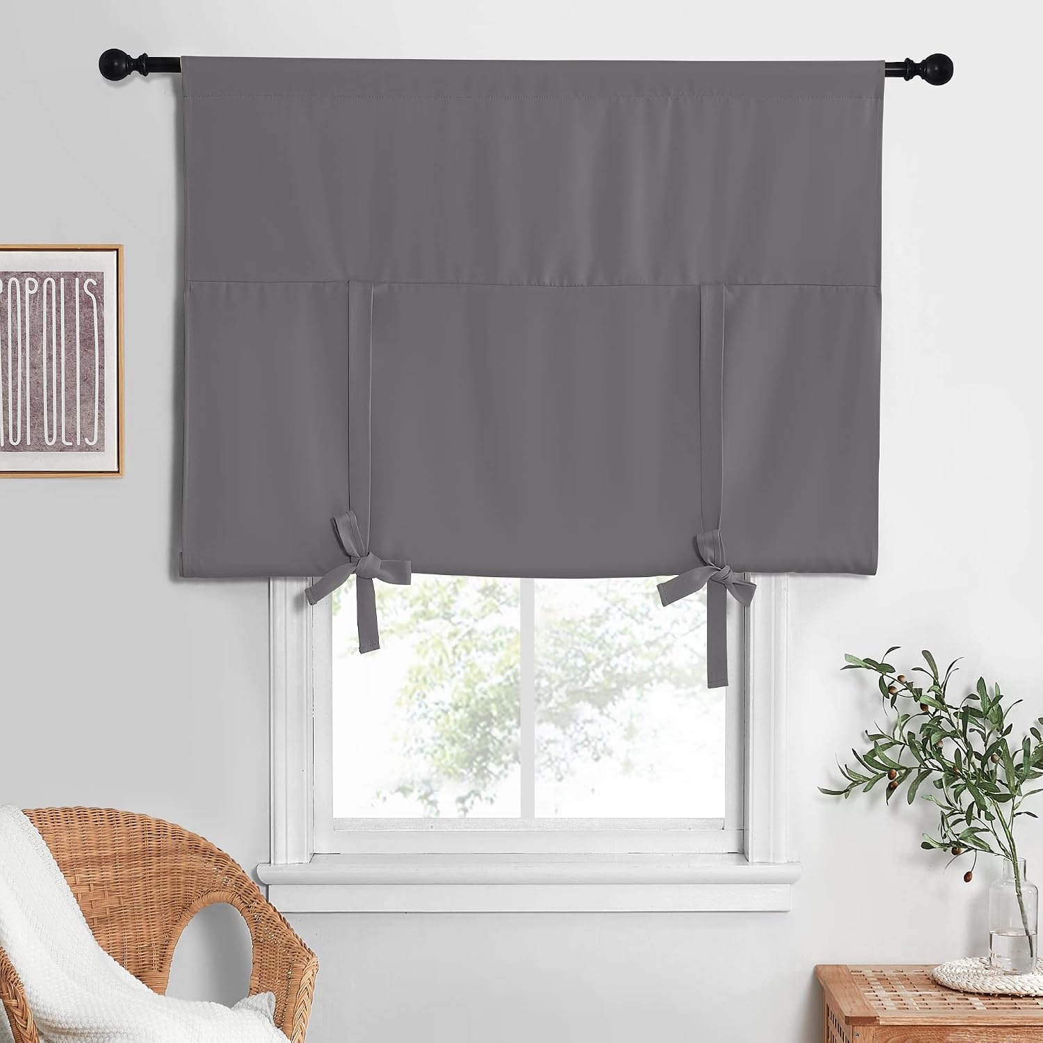 image:imageNICETOWN Thermal Insulated Blackout Short Curtain Bathroom Curtain Gray Tie Up Shade for Small Window Window Valance Balloon Roman Blind Rod Pocket Panel 46 inches W x 63 inches LGrey