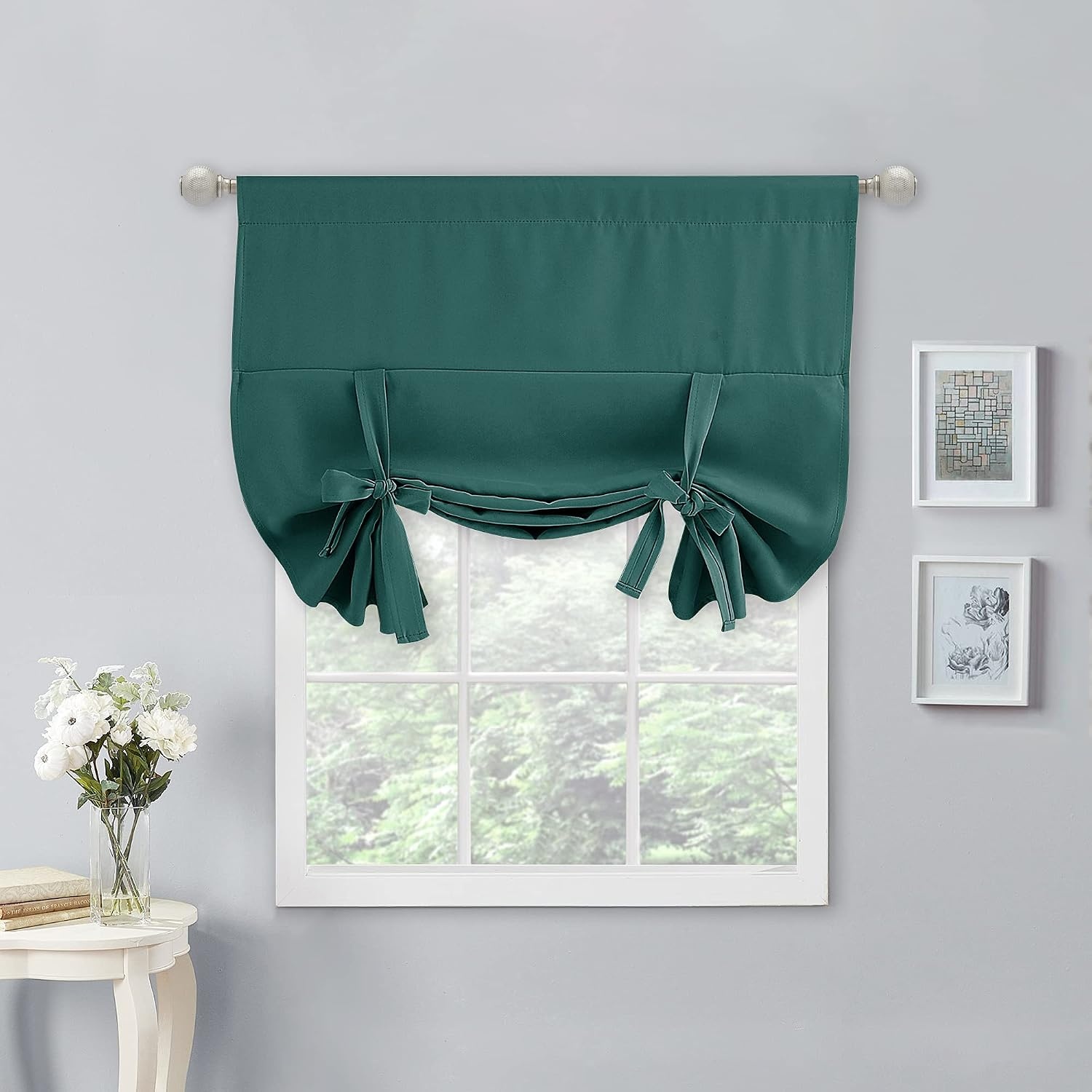 image:imageNICETOWN Thermal Insulated Blackout Short Curtain Bathroom Curtain Gray Tie Up Shade for Small Window Window Valance Balloon Roman Blind Rod Pocket Panel 46 inches W x 63 inches LHunter Green