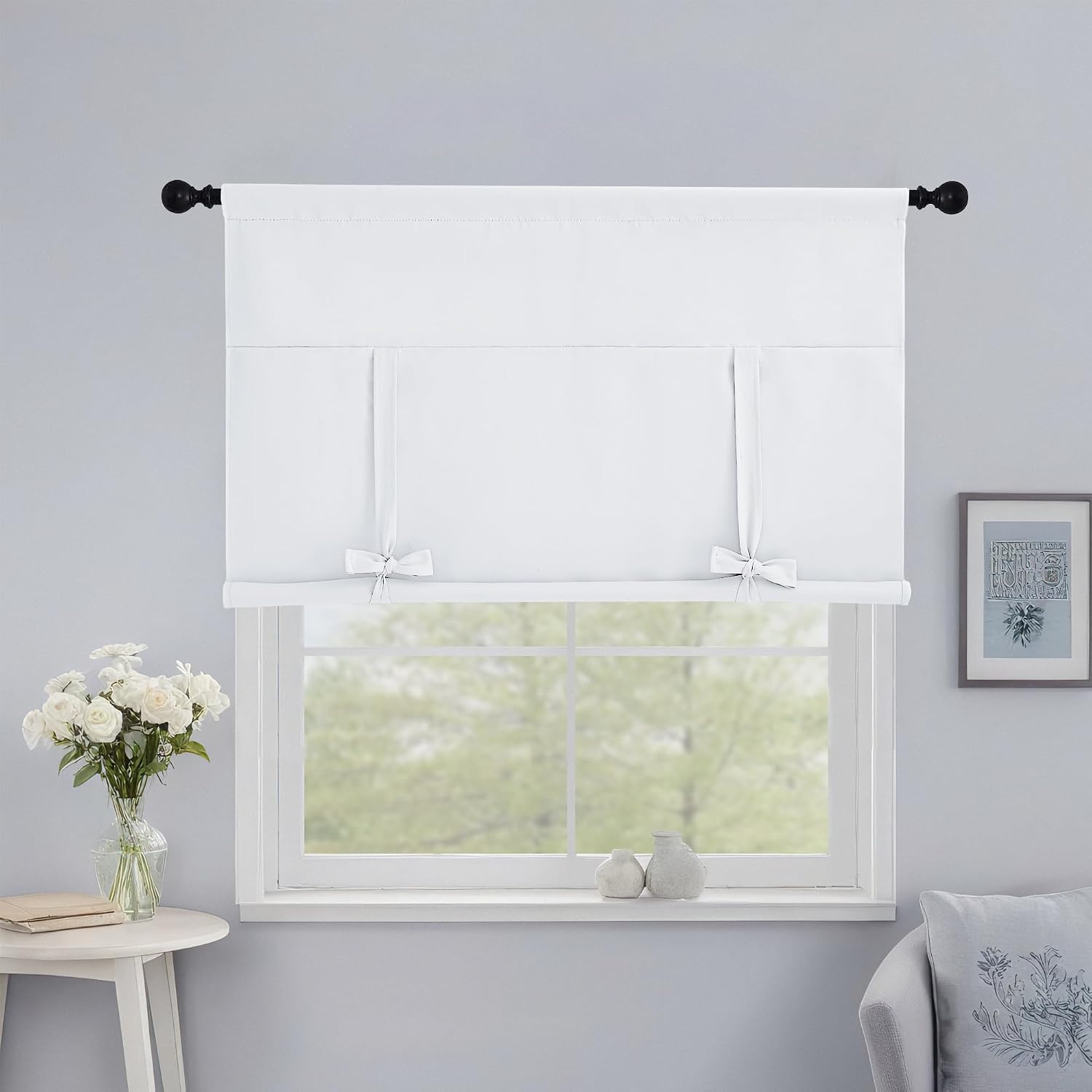 image:imageNICETOWN Thermal Insulated Blackout Short Curtain Bathroom Curtain Gray Tie Up Shade for Small Window Window Valance Balloon Roman Blind Rod Pocket Panel 46 inches W x 63 inches LPure White