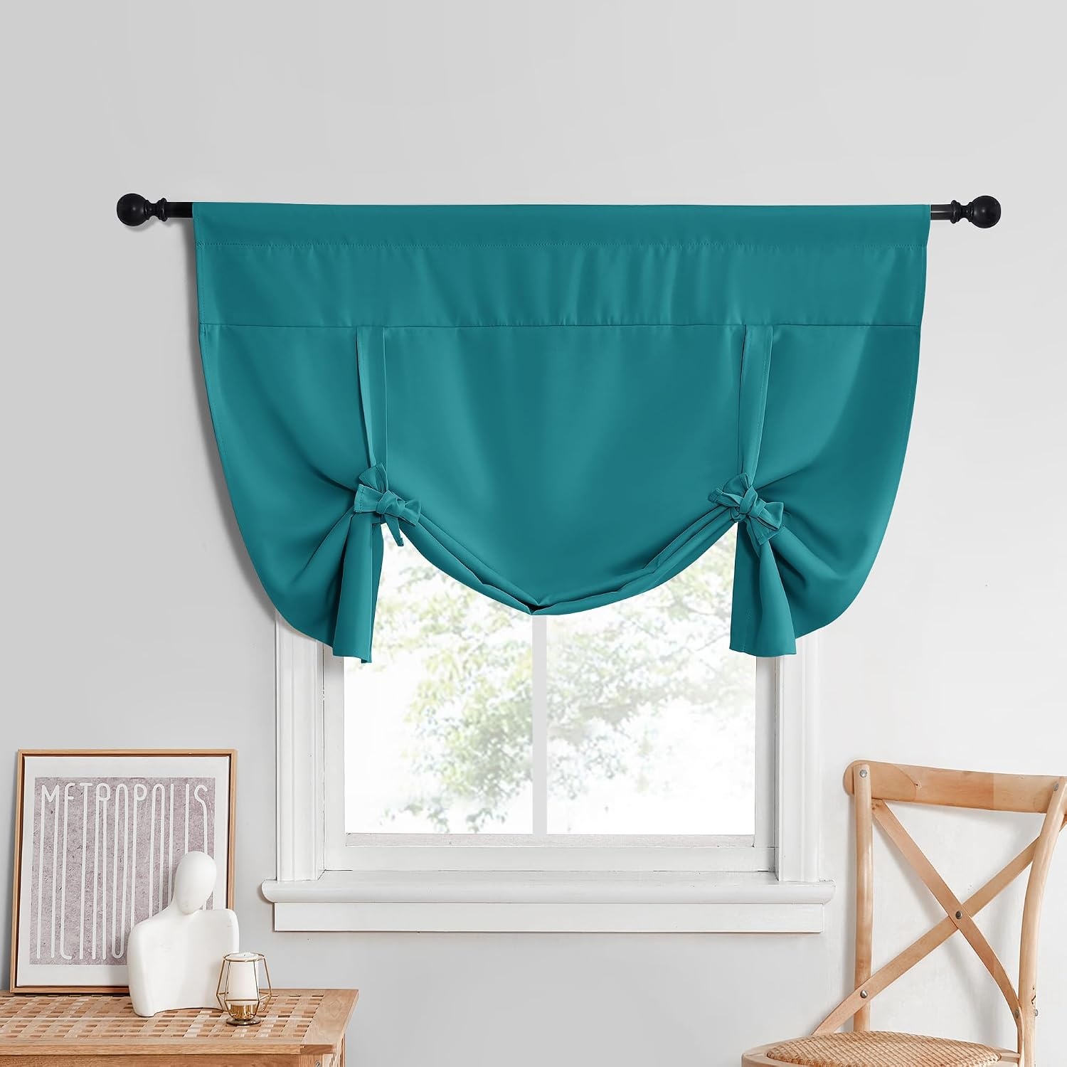 image:imageNICETOWN Thermal Insulated Blackout Short Curtain Bathroom Curtain Gray Tie Up Shade for Small Window Window Valance Balloon Roman Blind Rod Pocket Panel 46 inches W x 63 inches LPeacock Teal