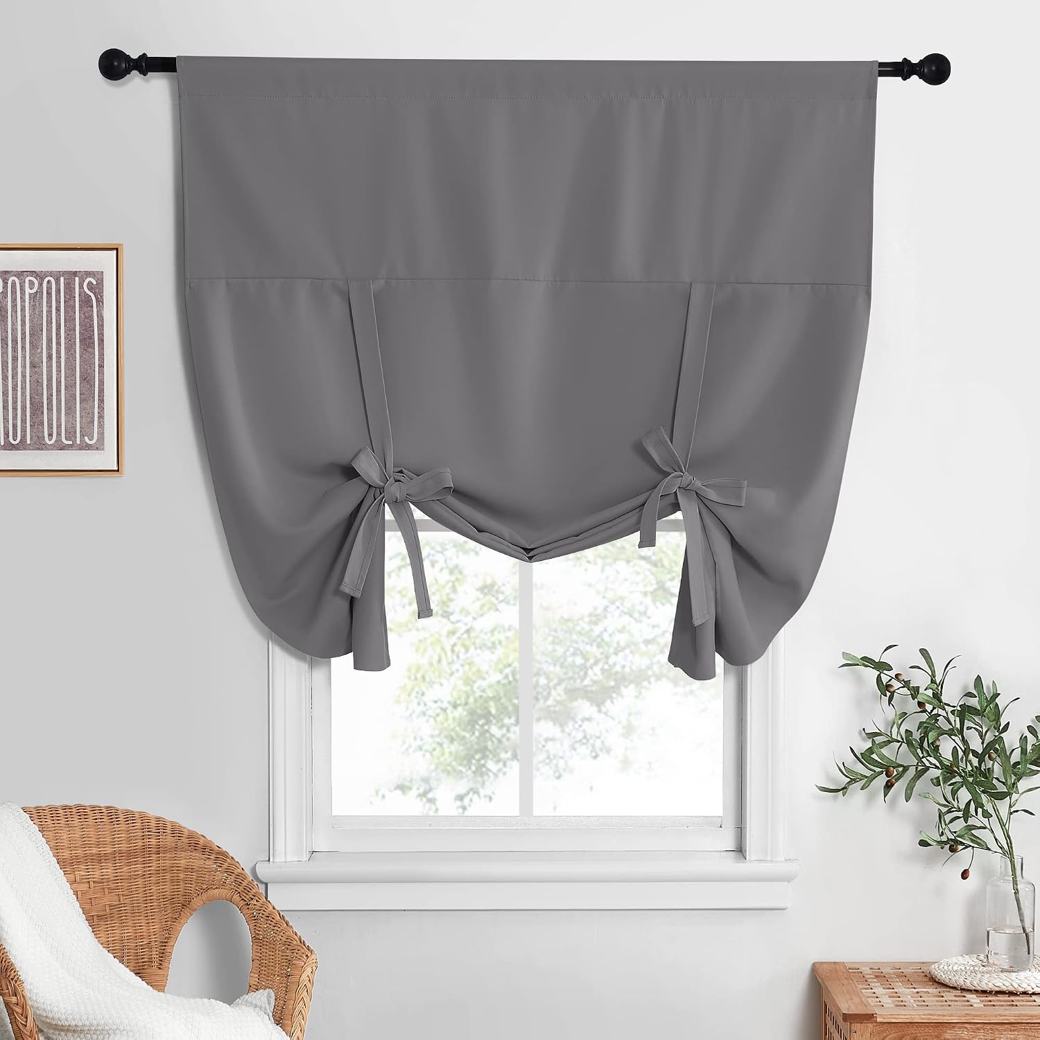image:imageNICETOWN Thermal Insulated Blackout Short Curtain Bathroom Curtain Gray Tie Up Shade for Small Window Window Valance Balloon Roman Blind Rod Pocket Panel 46 inches W x 63 inches LGrey