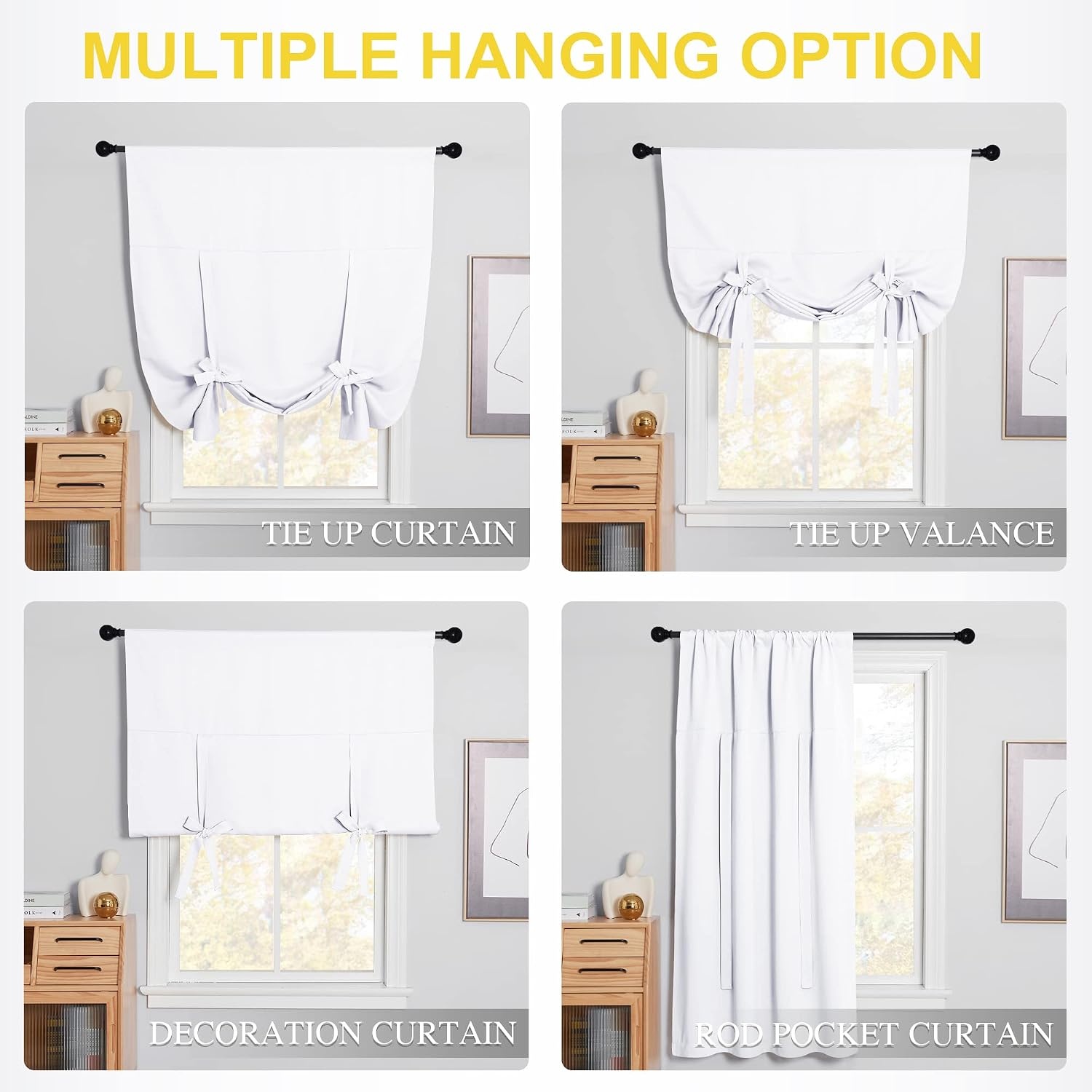 image:imageNICETOWN Thermal Insulated Blackout Short Curtain Bathroom Curtain Gray Tie Up Shade for Small Window Window Valance Balloon Roman Blind Rod Pocket Panel 46 inches W x 63 inches LPure White
