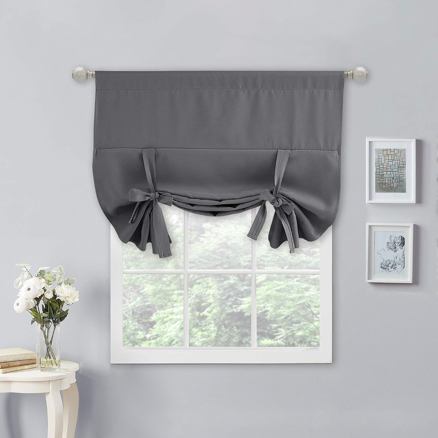 image:imageNICETOWN Thermal Insulated Blackout Short Curtain Bathroom Curtain Gray Tie Up Shade for Small Window Window Valance Balloon Roman Blind Rod Pocket Panel 46 inches W x 63 inches LGrey