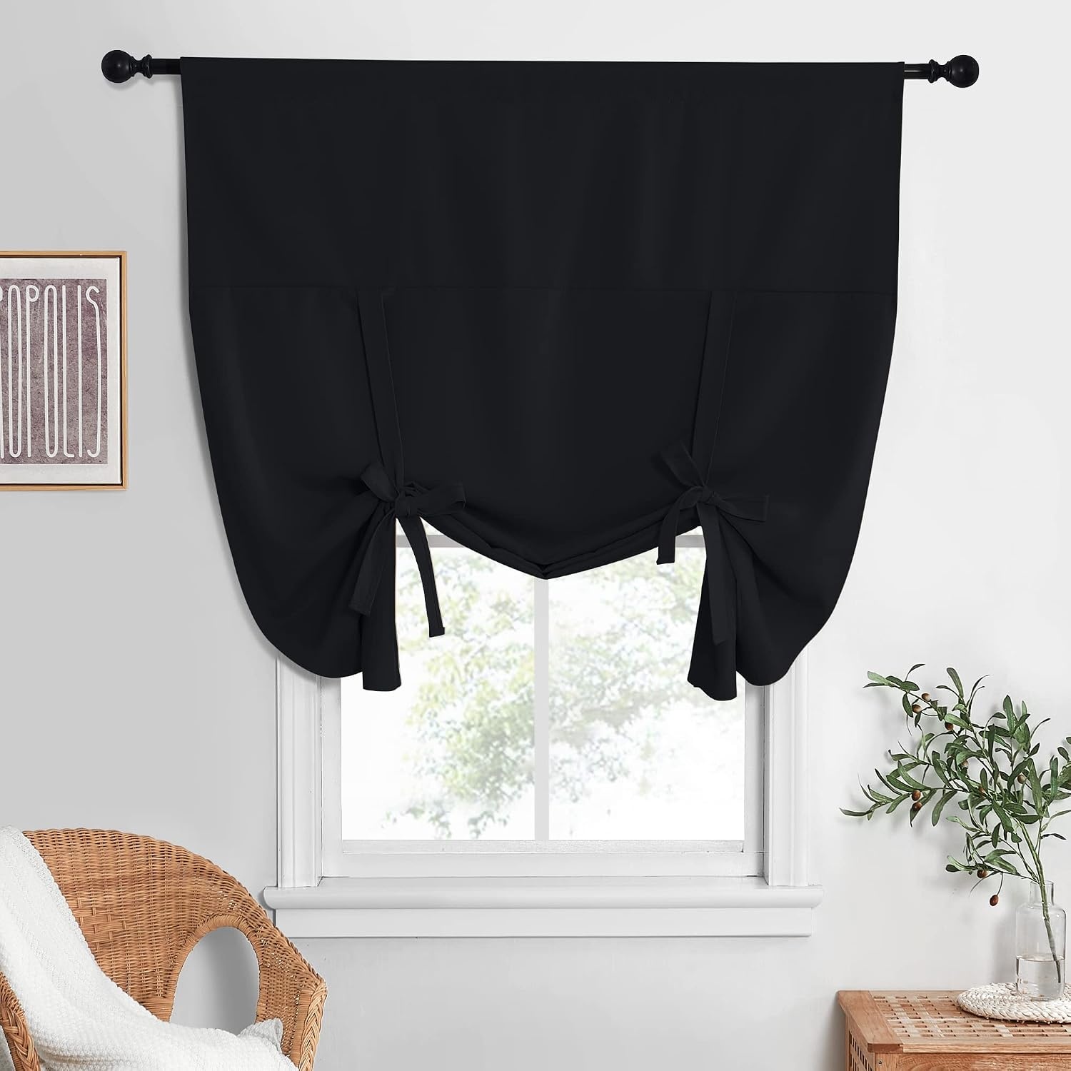 image:imageNICETOWN Thermal Insulated Blackout Short Curtain Bathroom Curtain Gray Tie Up Shade for Small Window Window Valance Balloon Roman Blind Rod Pocket Panel 46 inches W x 63 inches LBlack
