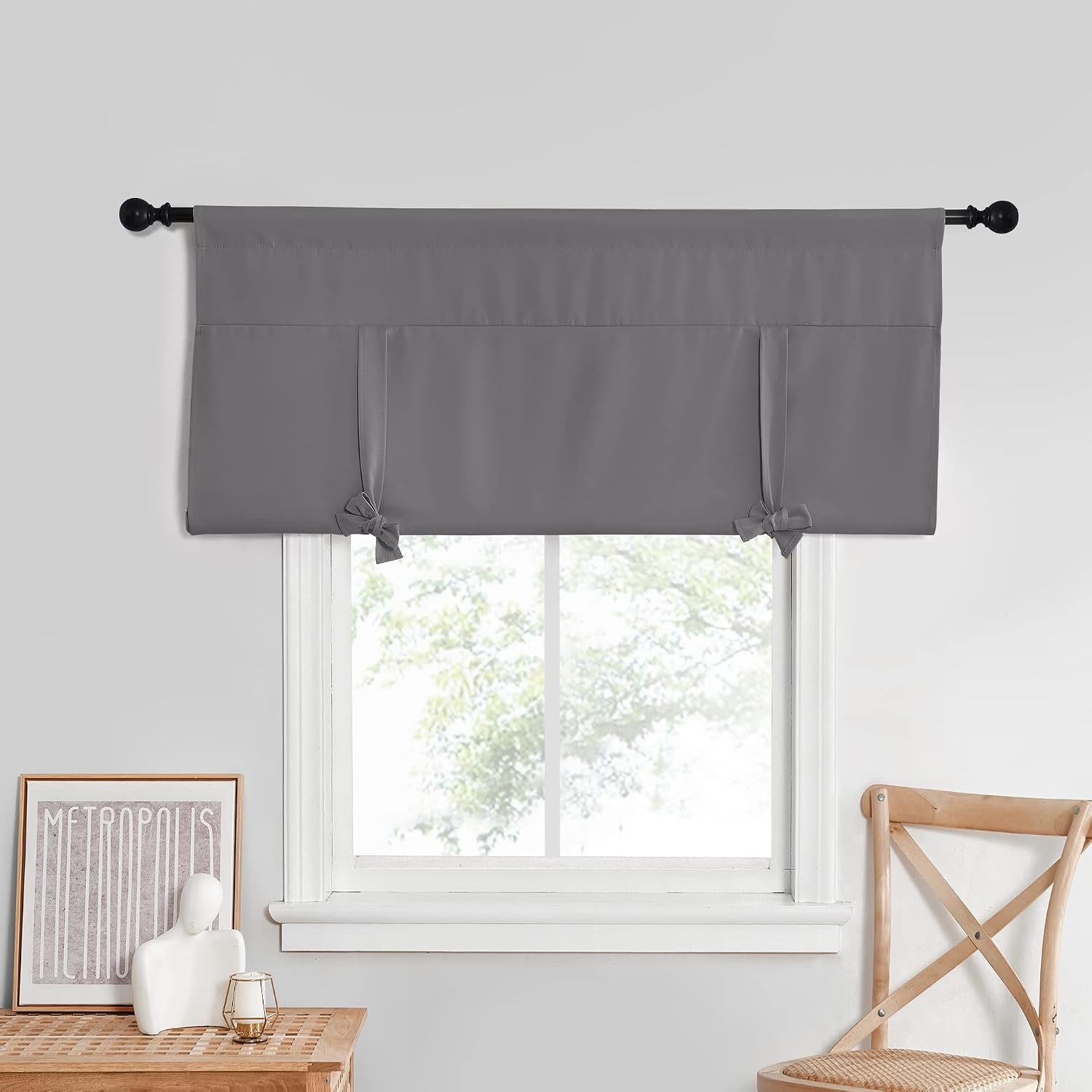 image:imageNICETOWN Thermal Insulated Blackout Short Curtain Bathroom Curtain Gray Tie Up Shade for Small Window Window Valance Balloon Roman Blind Rod Pocket Panel 46 inches W x 63 inches LGrey