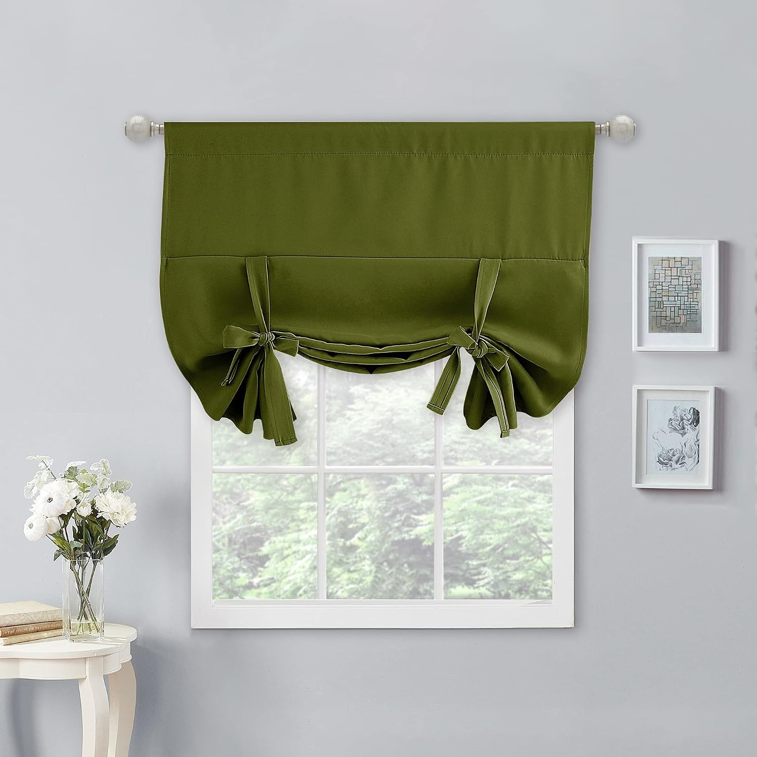 image:imageNICETOWN Thermal Insulated Blackout Short Curtain Bathroom Curtain Gray Tie Up Shade for Small Window Window Valance Balloon Roman Blind Rod Pocket Panel 46 inches W x 63 inches LOlive Green