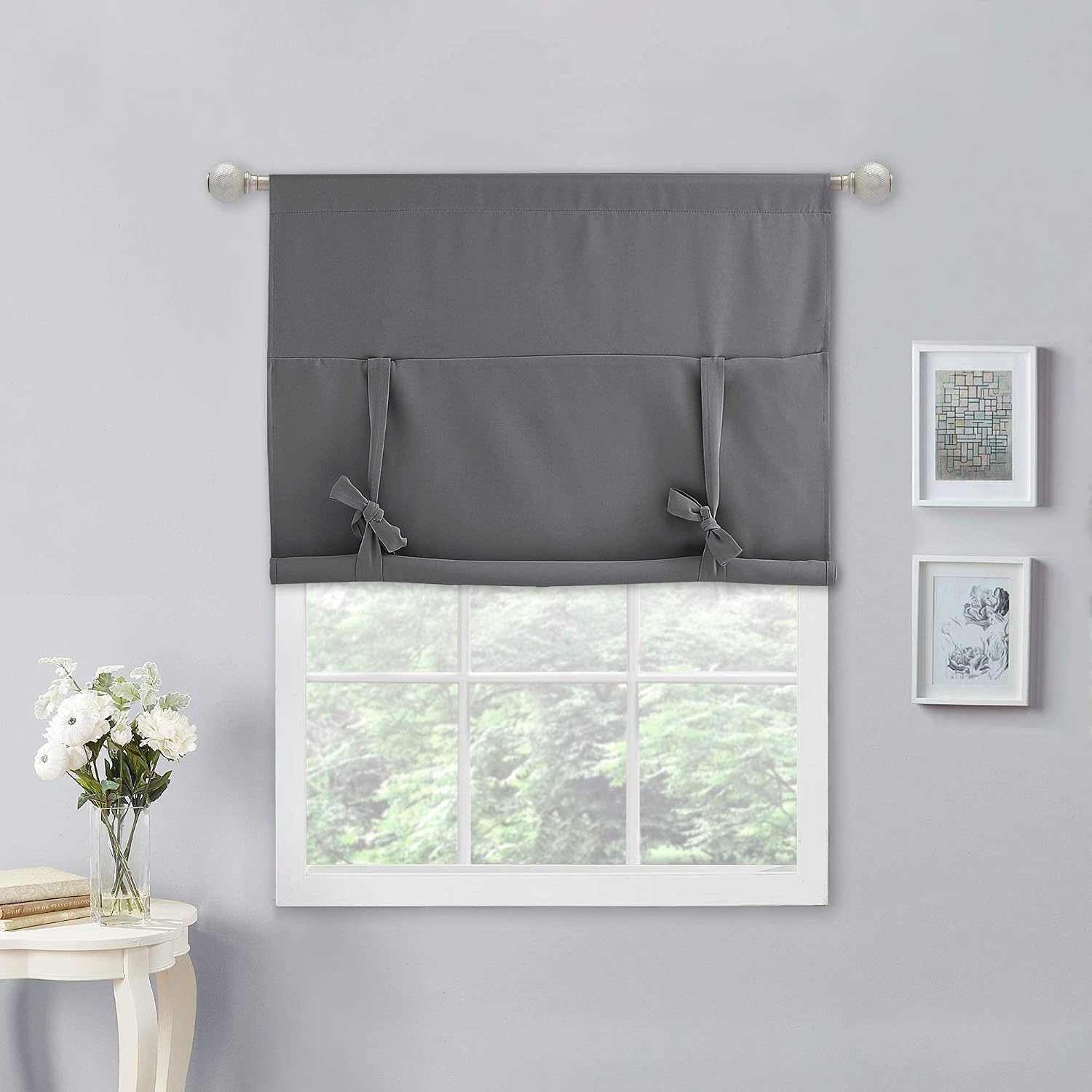 image:imageNICETOWN Thermal Insulated Blackout Short Curtain Bathroom Curtain Gray Tie Up Shade for Small Window Window Valance Balloon Roman Blind Rod Pocket Panel 46 inches W x 63 inches LGrey
