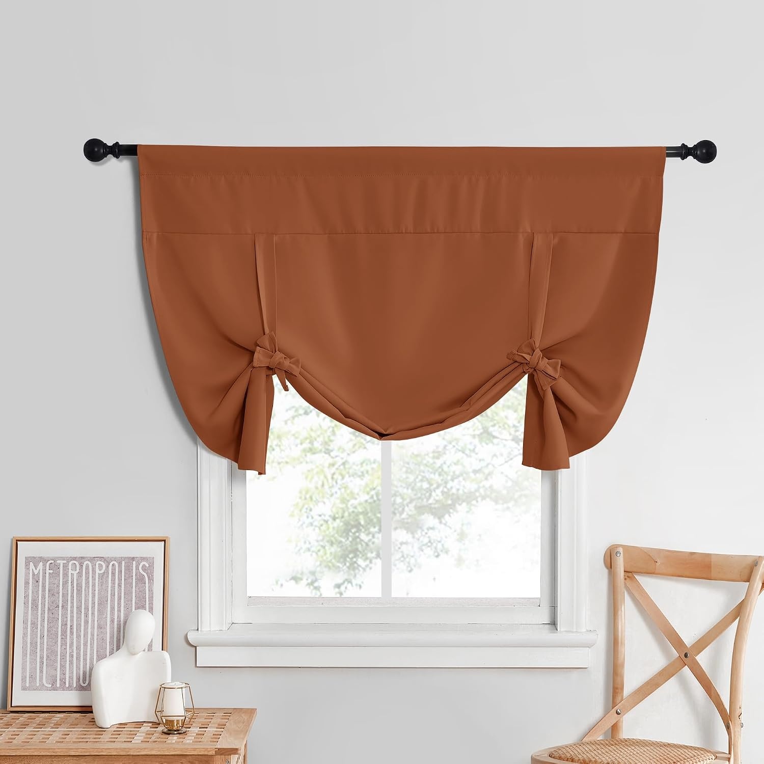 image:imageNICETOWN Thermal Insulated Blackout Short Curtain Bathroom Curtain Gray Tie Up Shade for Small Window Window Valance Balloon Roman Blind Rod Pocket Panel 46 inches W x 63 inches LBurnt Orange