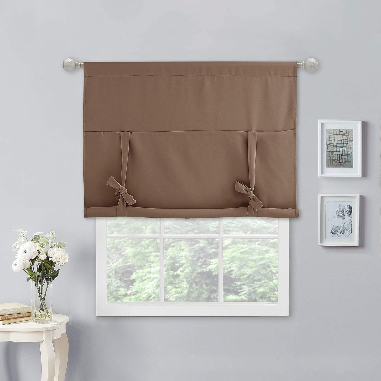 image:imageNICETOWN Thermal Insulated Blackout Short Curtain Bathroom Curtain Gray Tie Up Shade for Small Window Window Valance Balloon Roman Blind Rod Pocket Panel 46 inches W x 63 inches LCappuccino