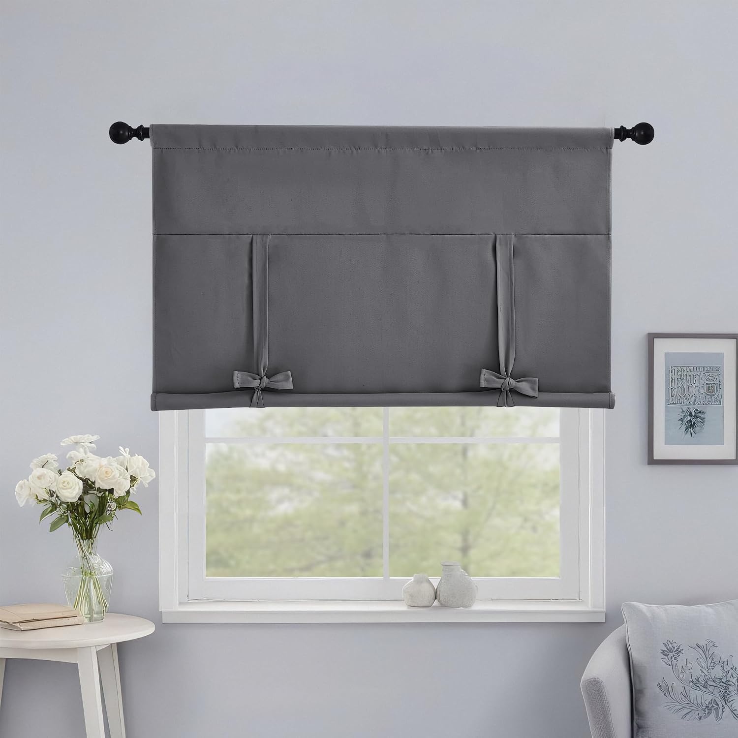 image:imageNICETOWN Thermal Insulated Blackout Short Curtain Bathroom Curtain Gray Tie Up Shade for Small Window Window Valance Balloon Roman Blind Rod Pocket Panel 46 inches W x 63 inches LGrey