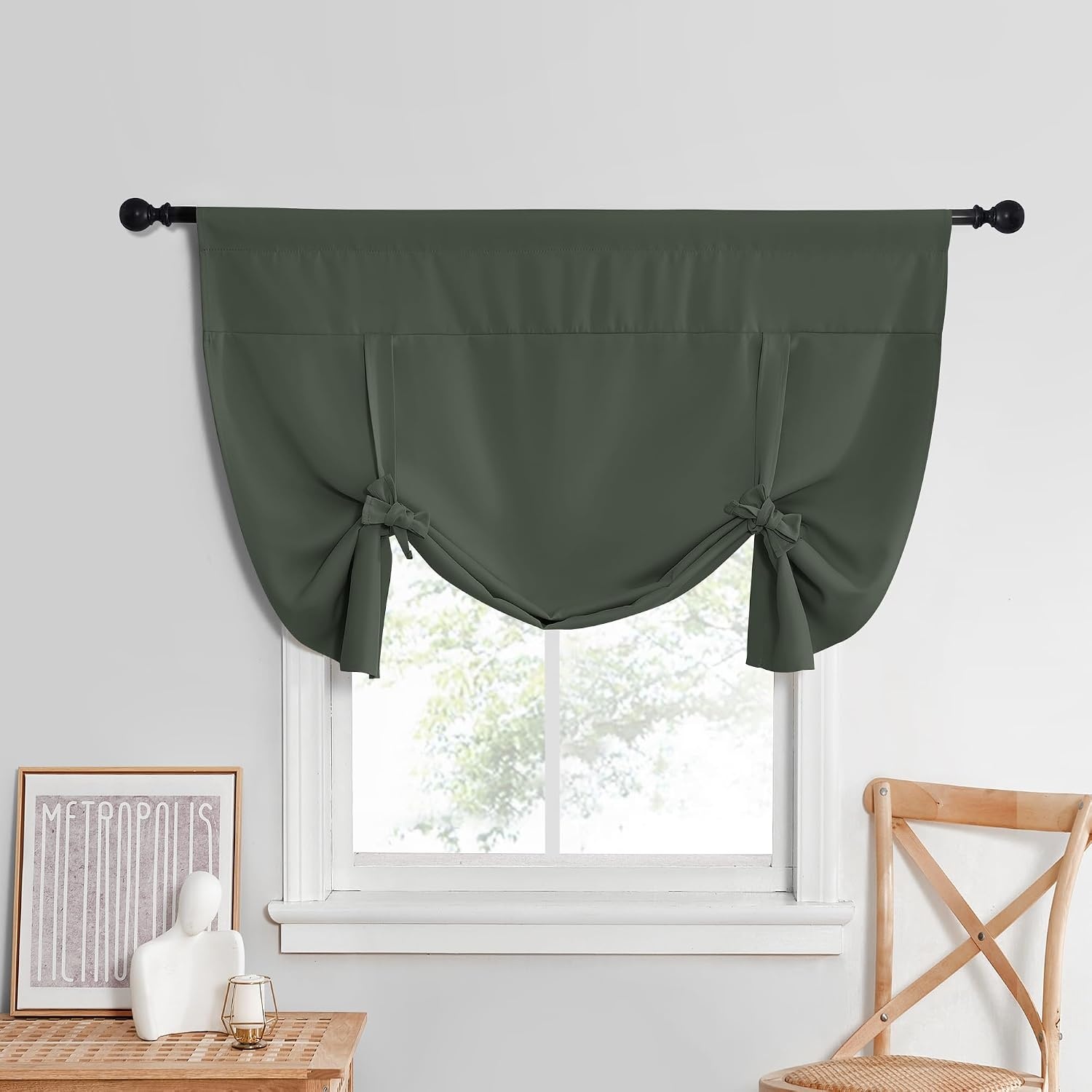image:imageNICETOWN Thermal Insulated Blackout Short Curtain Bathroom Curtain Gray Tie Up Shade for Small Window Window Valance Balloon Roman Blind Rod Pocket Panel 46 inches W x 63 inches LDark Mallard