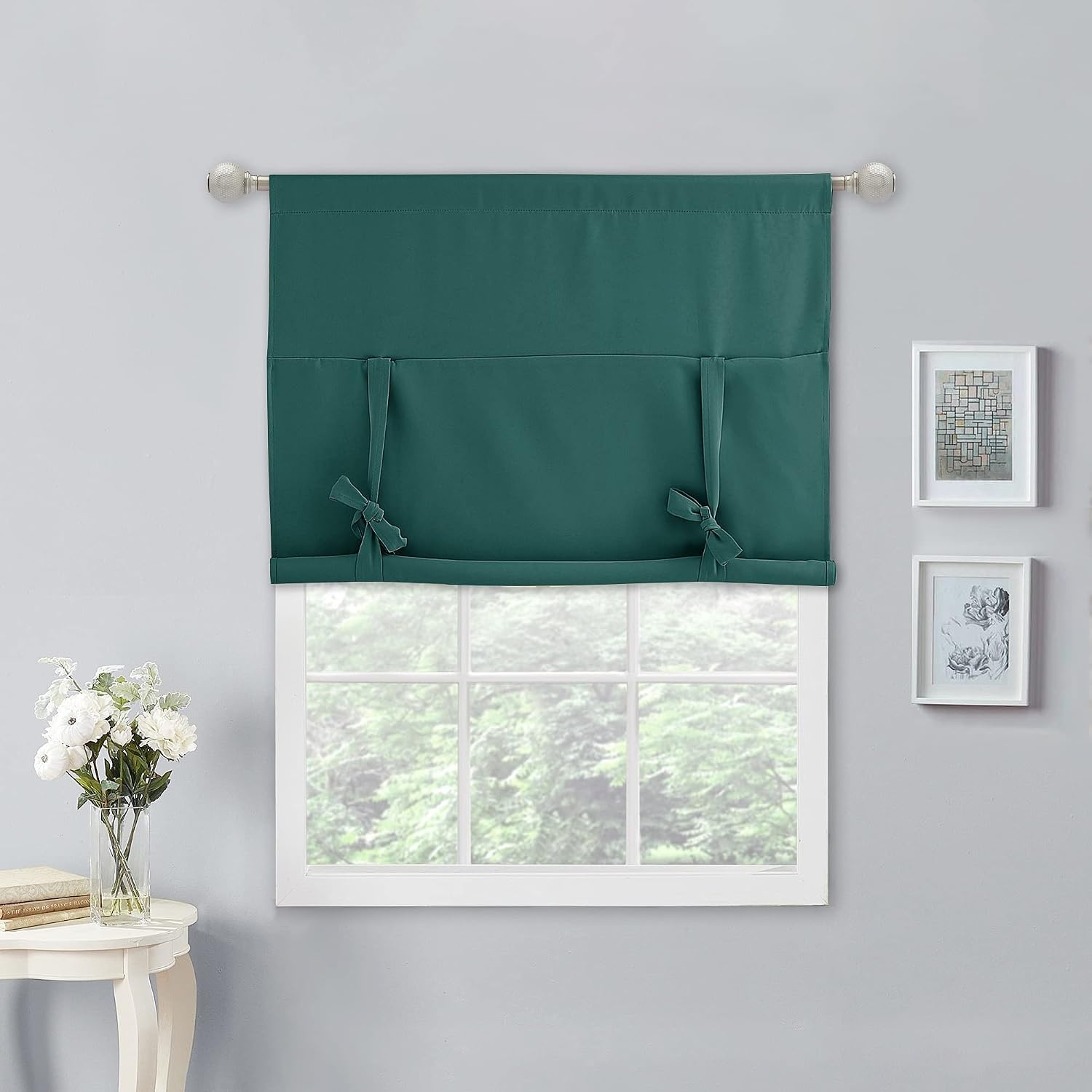 image:imageNICETOWN Thermal Insulated Blackout Short Curtain Bathroom Curtain Gray Tie Up Shade for Small Window Window Valance Balloon Roman Blind Rod Pocket Panel 46 inches W x 63 inches LHunter Green