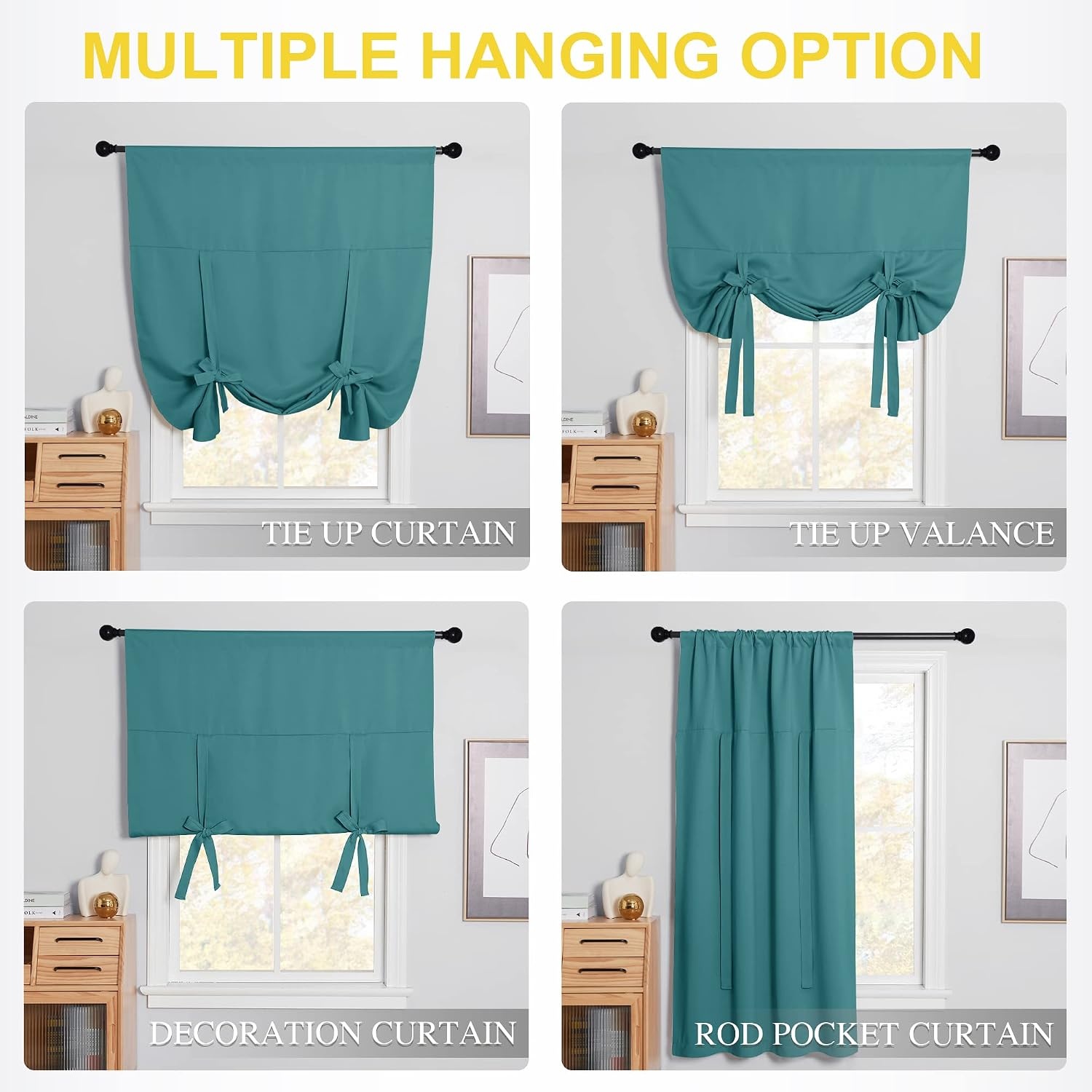 image:imageNICETOWN Thermal Insulated Blackout Short Curtain Bathroom Curtain Gray Tie Up Shade for Small Window Window Valance Balloon Roman Blind Rod Pocket Panel 46 inches W x 63 inches LSea Teal