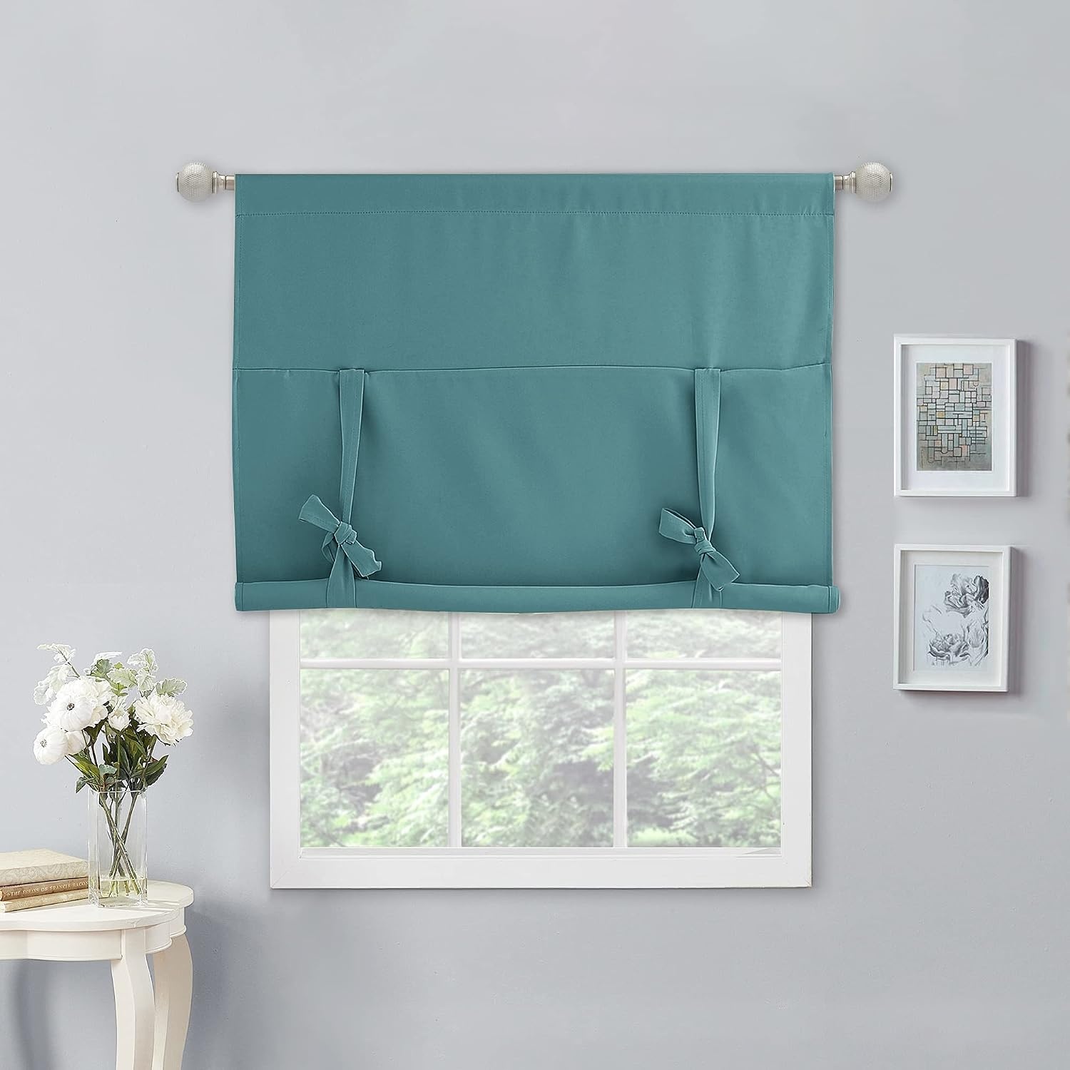 image:imageNICETOWN Thermal Insulated Blackout Short Curtain Bathroom Curtain Gray Tie Up Shade for Small Window Window Valance Balloon Roman Blind Rod Pocket Panel 46 inches W x 63 inches LSea Teal