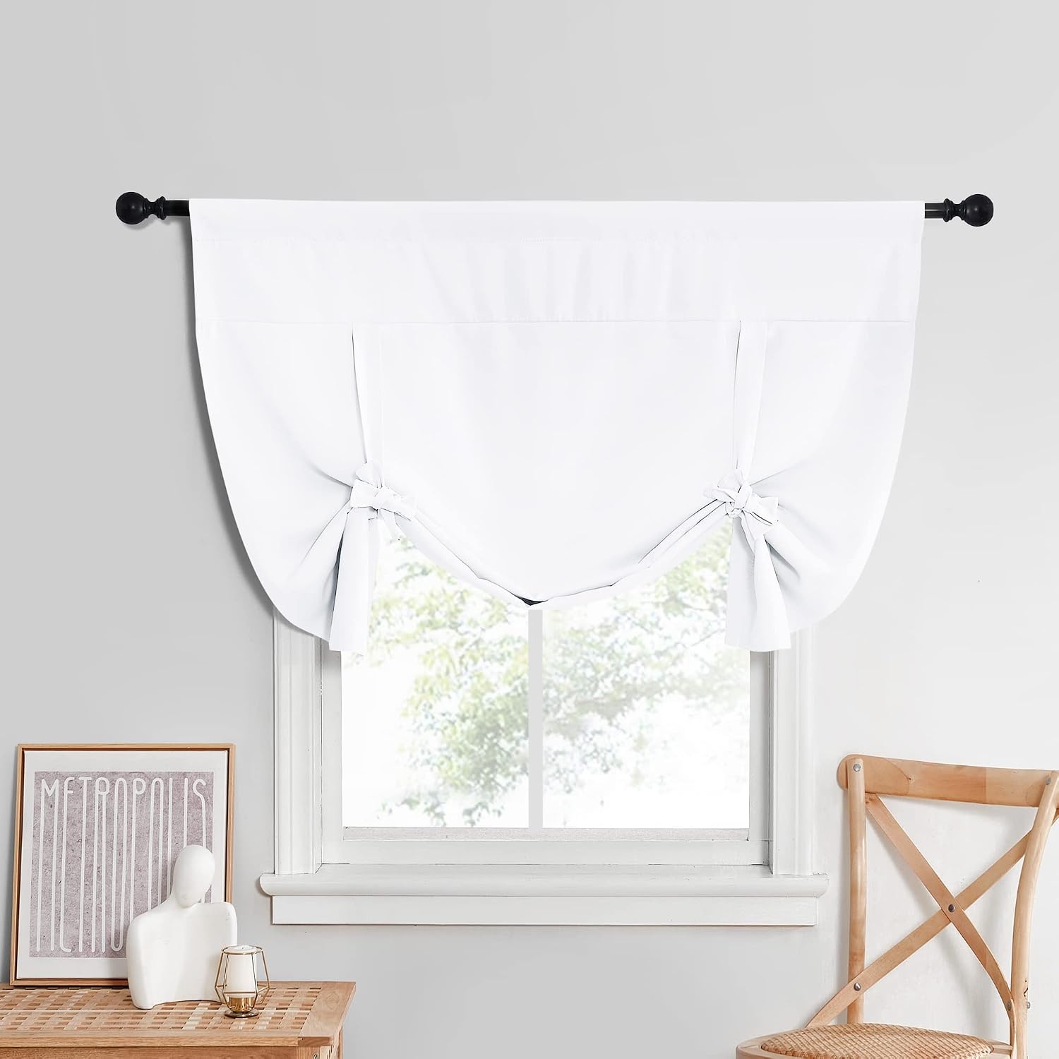 image:imageNICETOWN Thermal Insulated Blackout Short Curtain Bathroom Curtain Gray Tie Up Shade for Small Window Window Valance Balloon Roman Blind Rod Pocket Panel 46 inches W x 63 inches LPure White