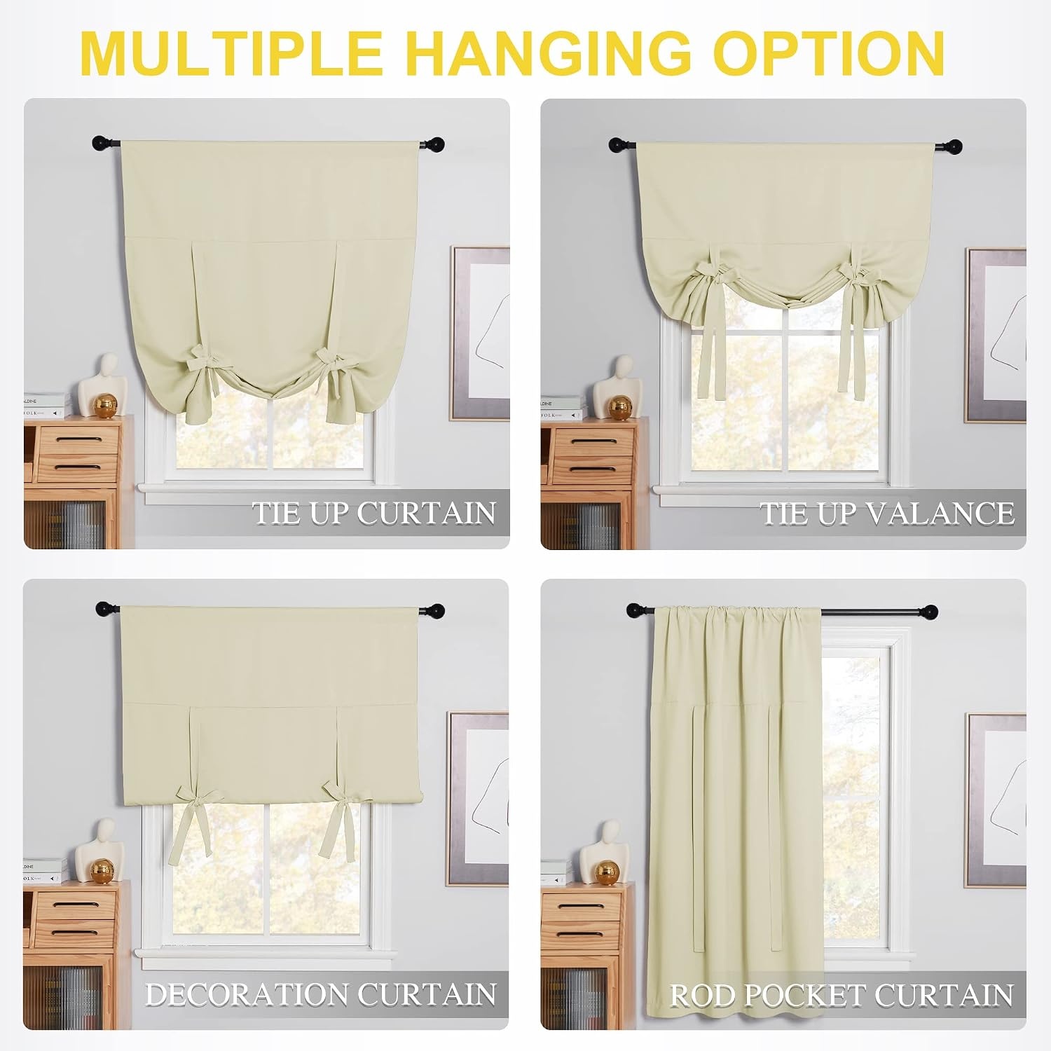 image:imageNICETOWN Thermal Insulated Blackout Short Curtain Bathroom Curtain Gray Tie Up Shade for Small Window Window Valance Balloon Roman Blind Rod Pocket Panel 46 inches W x 63 inches LLight Beige