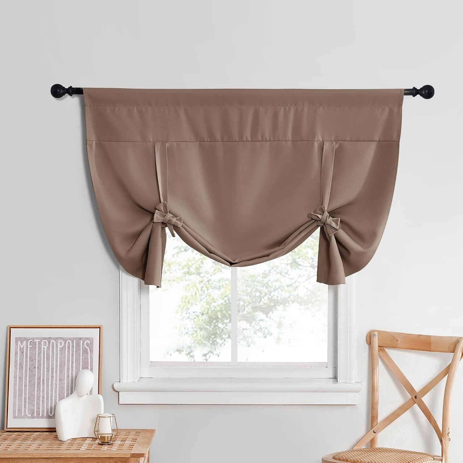image:imageNICETOWN Thermal Insulated Blackout Short Curtain Bathroom Curtain Gray Tie Up Shade for Small Window Window Valance Balloon Roman Blind Rod Pocket Panel 46 inches W x 63 inches LCappuccino