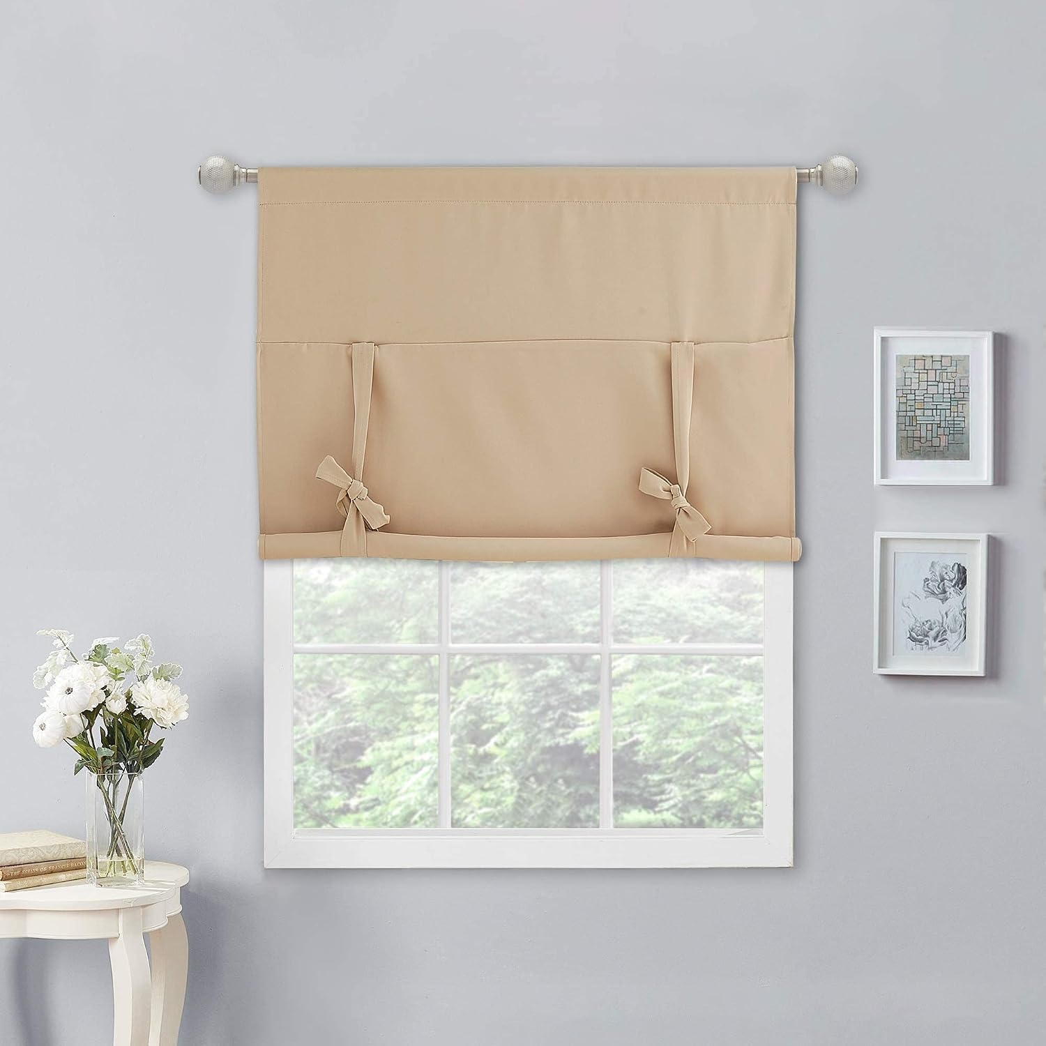 image:imageNICETOWN Thermal Insulated Blackout Short Curtain Bathroom Curtain Gray Tie Up Shade for Small Window Window Valance Balloon Roman Blind Rod Pocket Panel 46 inches W x 63 inches LBiscotti Beige