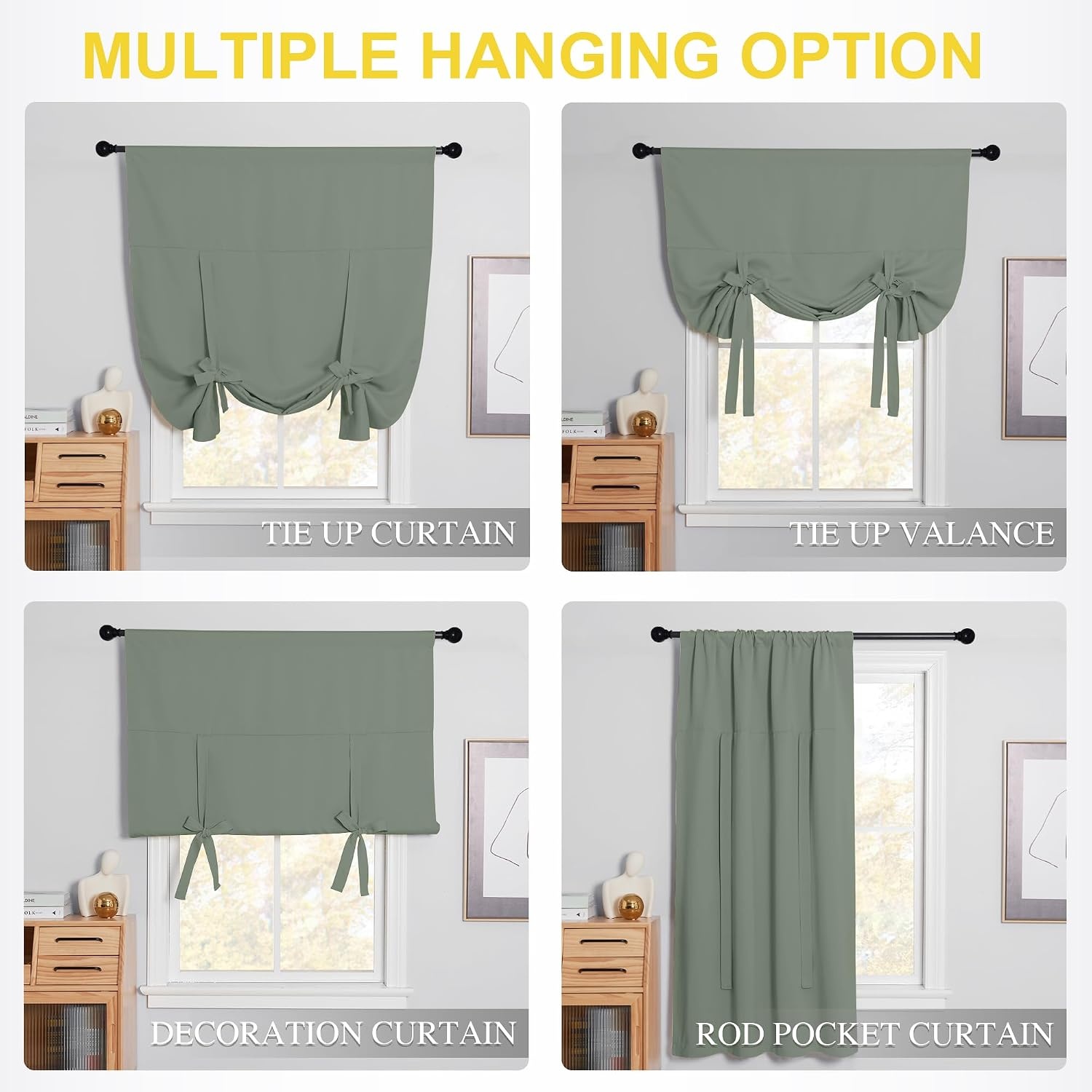 image:imageNICETOWN Thermal Insulated Blackout Short Curtain Bathroom Curtain Gray Tie Up Shade for Small Window Window Valance Balloon Roman Blind Rod Pocket Panel 46 inches W x 63 inches LGreyish Green