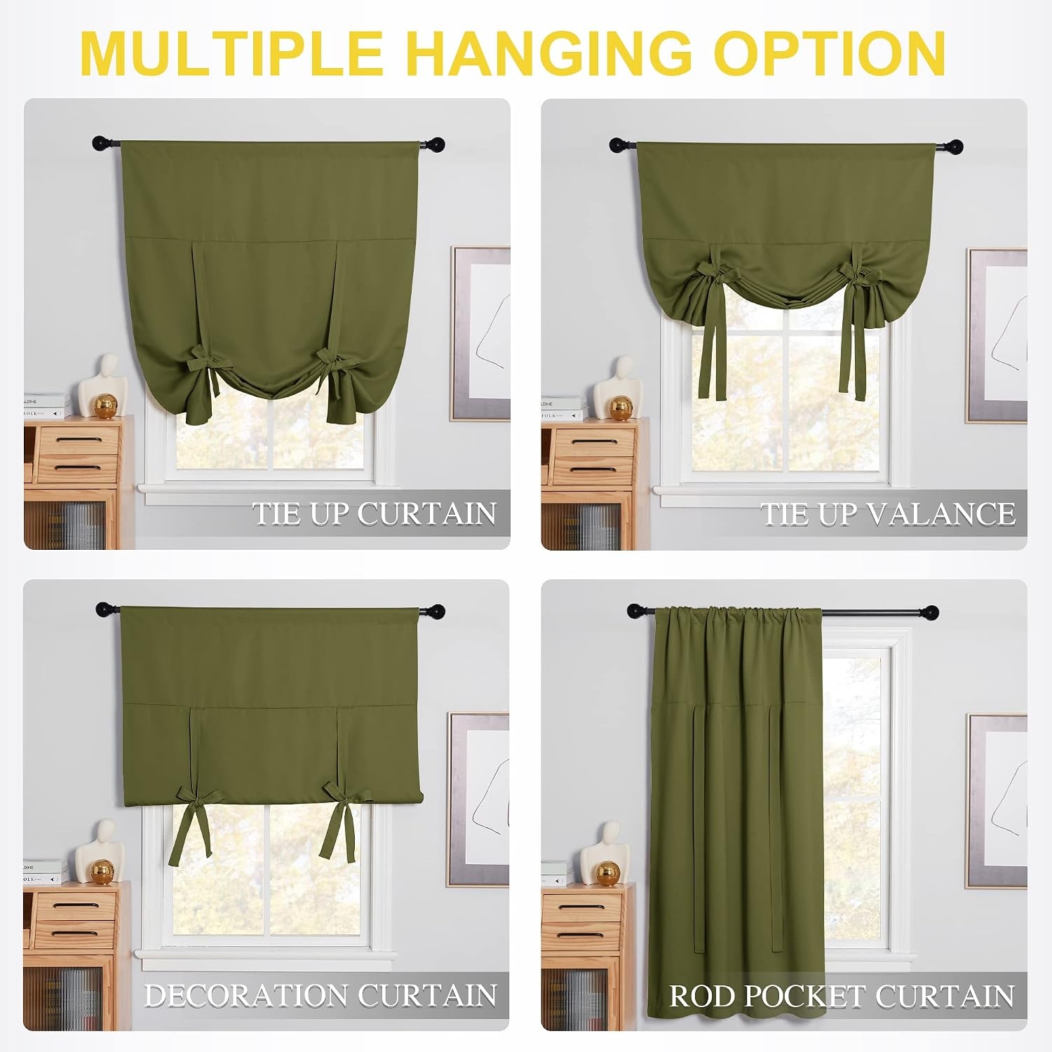 image:imageNICETOWN Thermal Insulated Blackout Short Curtain Bathroom Curtain Gray Tie Up Shade for Small Window Window Valance Balloon Roman Blind Rod Pocket Panel 46 inches W x 63 inches LOlive Green