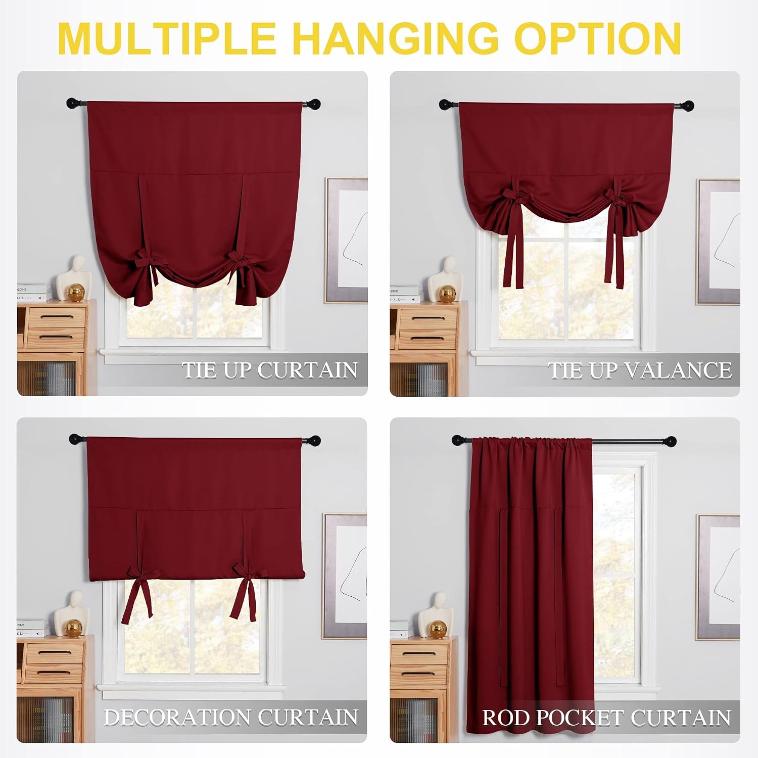 image:imageNICETOWN Thermal Insulated Blackout Short Curtain Bathroom Curtain Gray Tie Up Shade for Small Window Window Valance Balloon Roman Blind Rod Pocket Panel 46 inches W x 63 inches LBurgundy Red