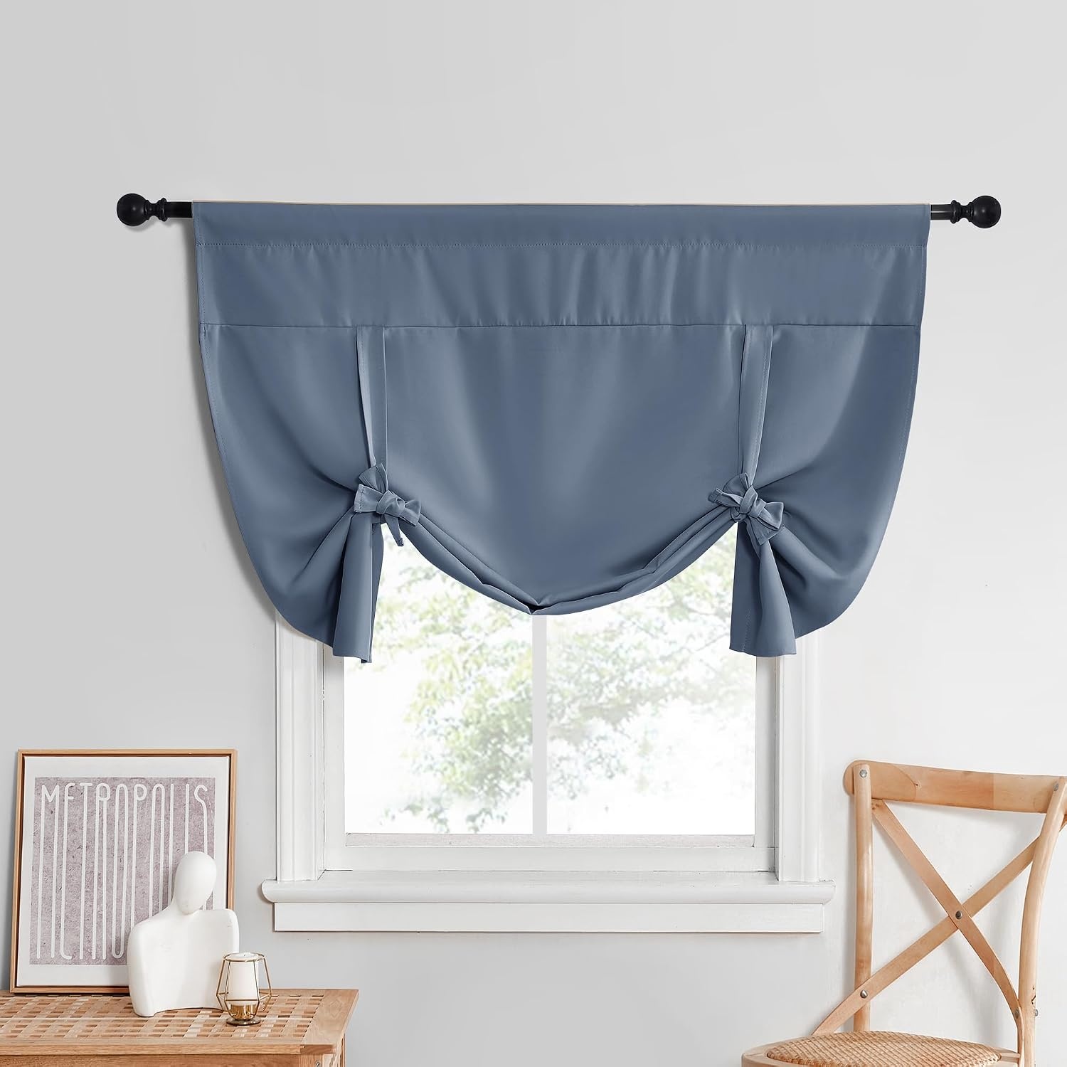 image:imageNICETOWN Thermal Insulated Blackout Short Curtain Bathroom Curtain Gray Tie Up Shade for Small Window Window Valance Balloon Roman Blind Rod Pocket Panel 46 inches W x 63 inches LStone Blue