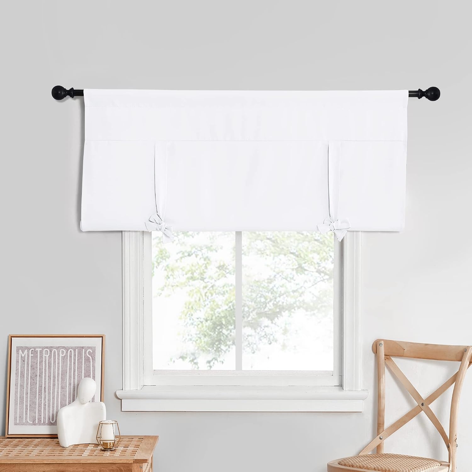 image:imageNICETOWN Thermal Insulated Blackout Short Curtain Bathroom Curtain Gray Tie Up Shade for Small Window Window Valance Balloon Roman Blind Rod Pocket Panel 46 inches W x 63 inches LPure White