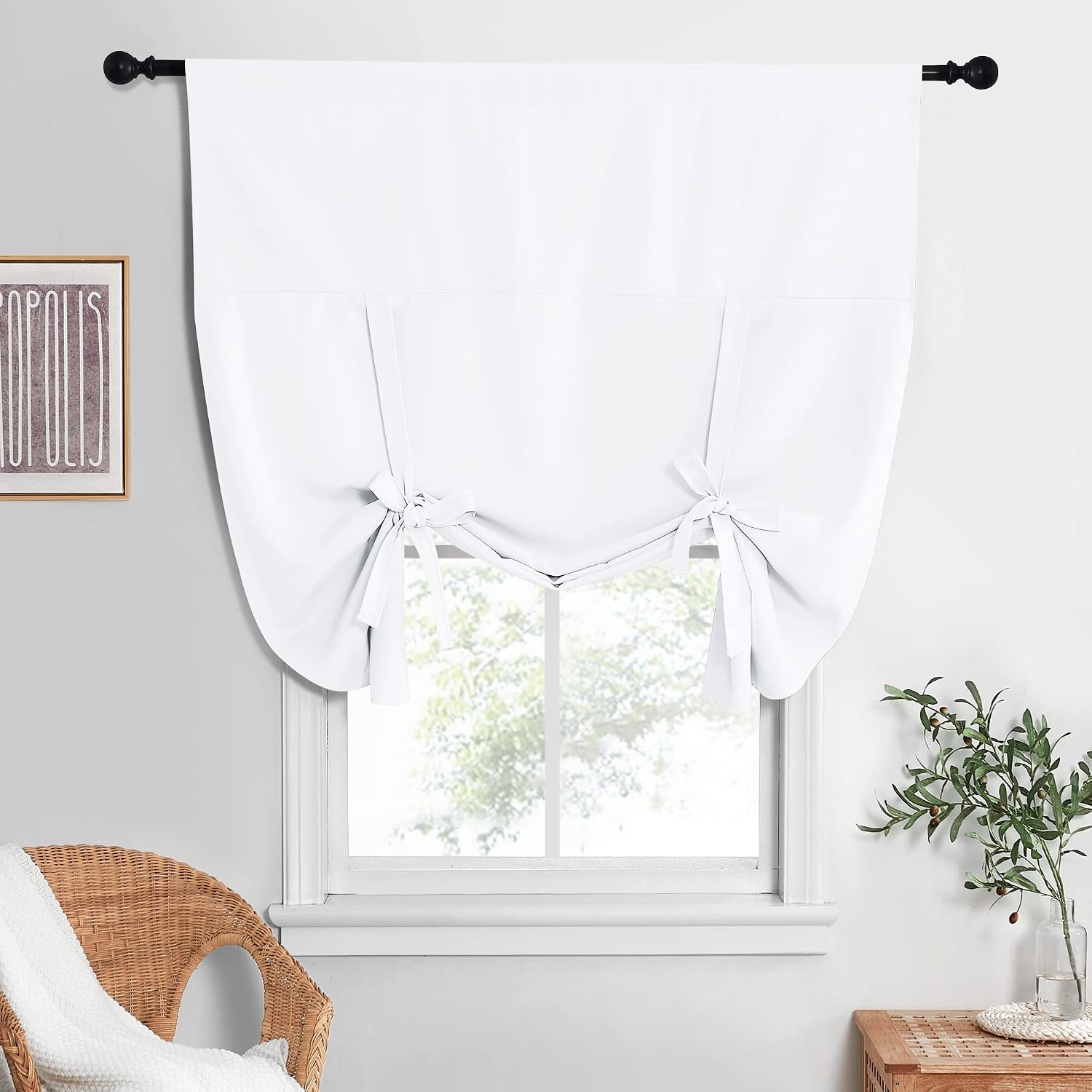 image:imageNICETOWN Thermal Insulated Blackout Short Curtain Bathroom Curtain Gray Tie Up Shade for Small Window Window Valance Balloon Roman Blind Rod Pocket Panel 46 inches W x 63 inches LPure White