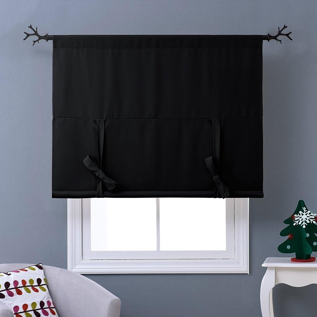 image:imageNICETOWN Thermal Insulated Blackout Short Curtain Bathroom Curtain Gray Tie Up Shade for Small Window Window Valance Balloon Roman Blind Rod Pocket Panel 46 inches W x 63 inches LBlack