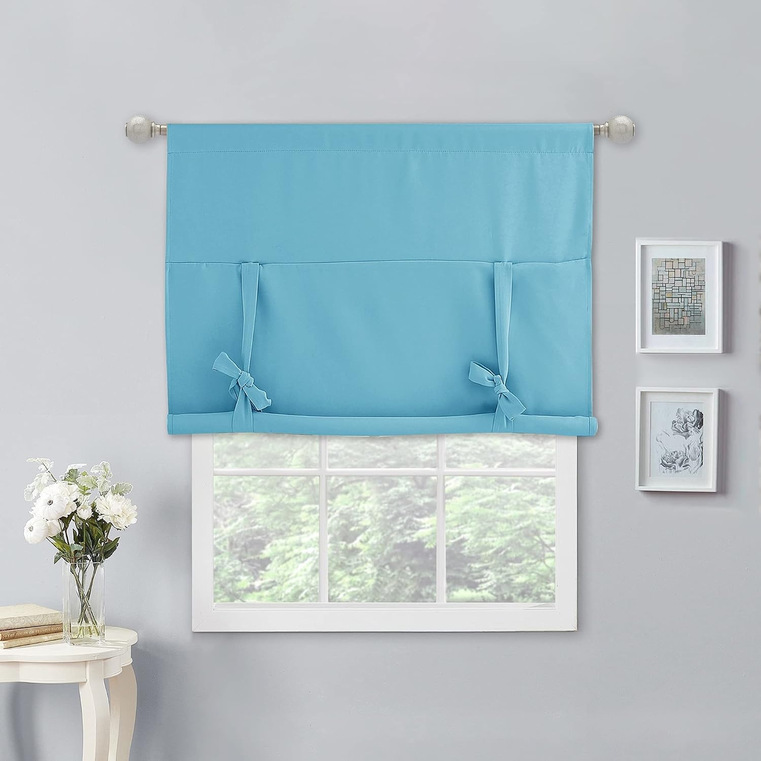 image:imageNICETOWN Thermal Insulated Blackout Short Curtain Bathroom Curtain Gray Tie Up Shade for Small Window Window Valance Balloon Roman Blind Rod Pocket Panel 46 inches W x 63 inches LTurquoise