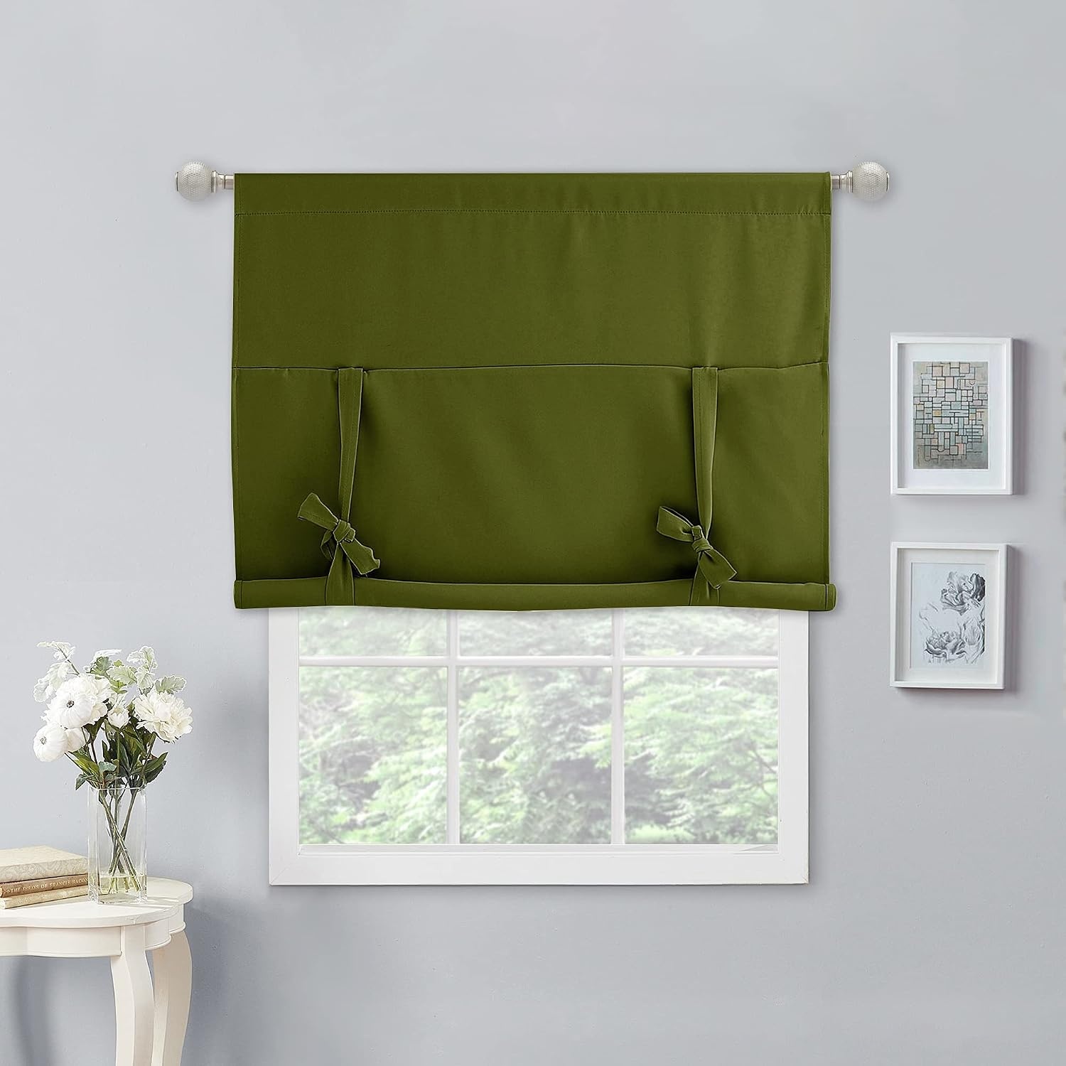 image:imageNICETOWN Thermal Insulated Blackout Short Curtain Bathroom Curtain Gray Tie Up Shade for Small Window Window Valance Balloon Roman Blind Rod Pocket Panel 46 inches W x 63 inches LOlive Green