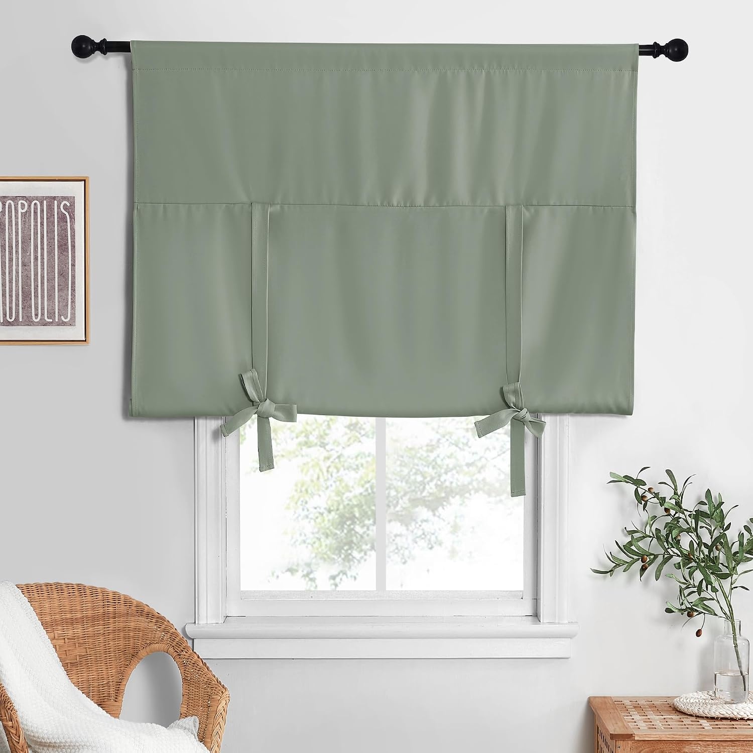 image:imageNICETOWN Thermal Insulated Blackout Short Curtain Bathroom Curtain Gray Tie Up Shade for Small Window Window Valance Balloon Roman Blind Rod Pocket Panel 46 inches W x 63 inches LGreyish Green