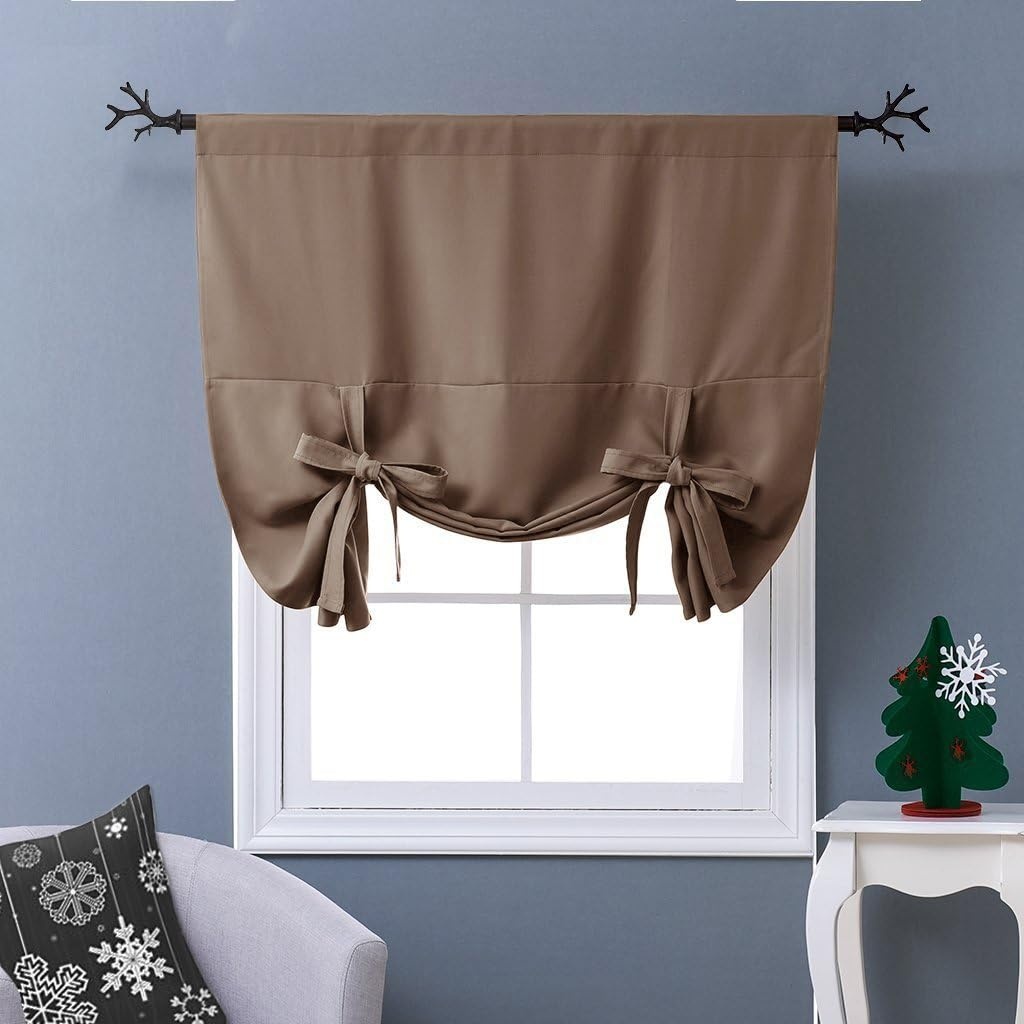 image:imageNICETOWN Thermal Insulated Blackout Short Curtain Bathroom Curtain Gray Tie Up Shade for Small Window Window Valance Balloon Roman Blind Rod Pocket Panel 46 inches W x 63 inches LCappuccino