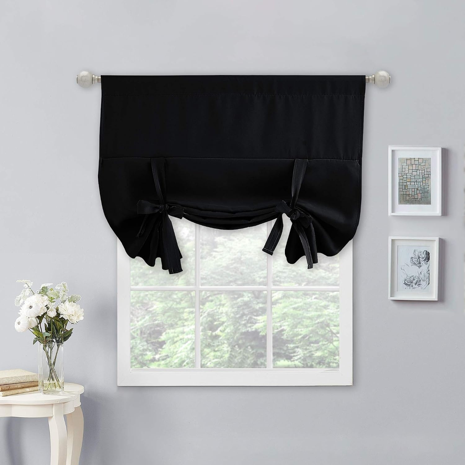image:imageNICETOWN Thermal Insulated Blackout Short Curtain Bathroom Curtain Gray Tie Up Shade for Small Window Window Valance Balloon Roman Blind Rod Pocket Panel 46 inches W x 63 inches LBlack