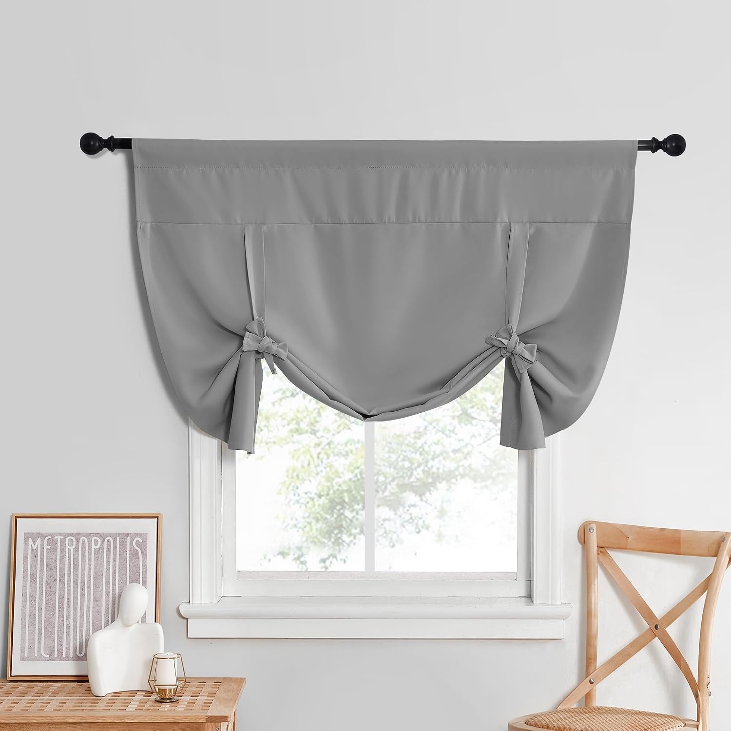 image:imageNICETOWN Thermal Insulated Blackout Short Curtain Bathroom Curtain Gray Tie Up Shade for Small Window Window Valance Balloon Roman Blind Rod Pocket Panel 46 inches W x 63 inches LSilver Grey