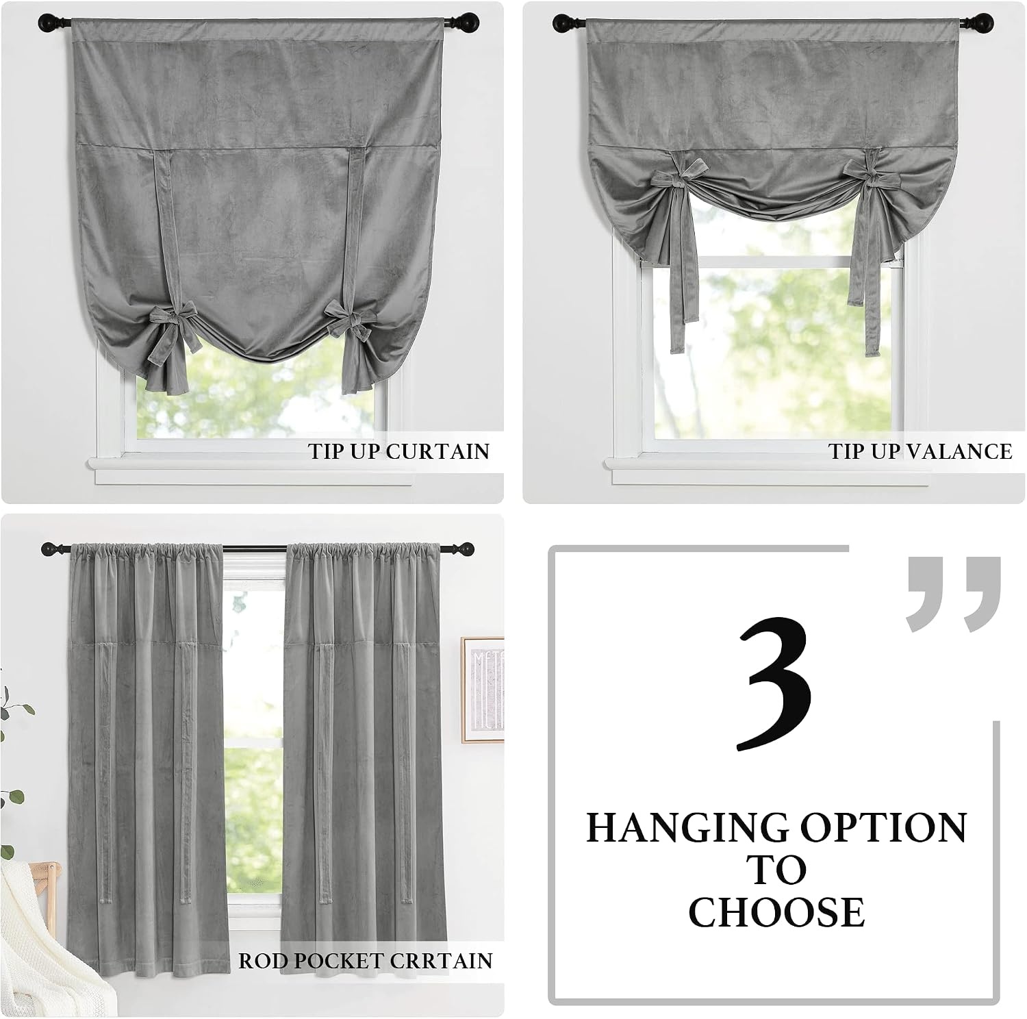 image:imageNICETOWN Thermal Insulated Blackout Short Curtain Bathroom Curtain Gray Tie Up Shade for Small Window Window Valance Balloon Roman Blind Rod Pocket Panel 46 inches W x 63 inches LVelvet Silver Gray