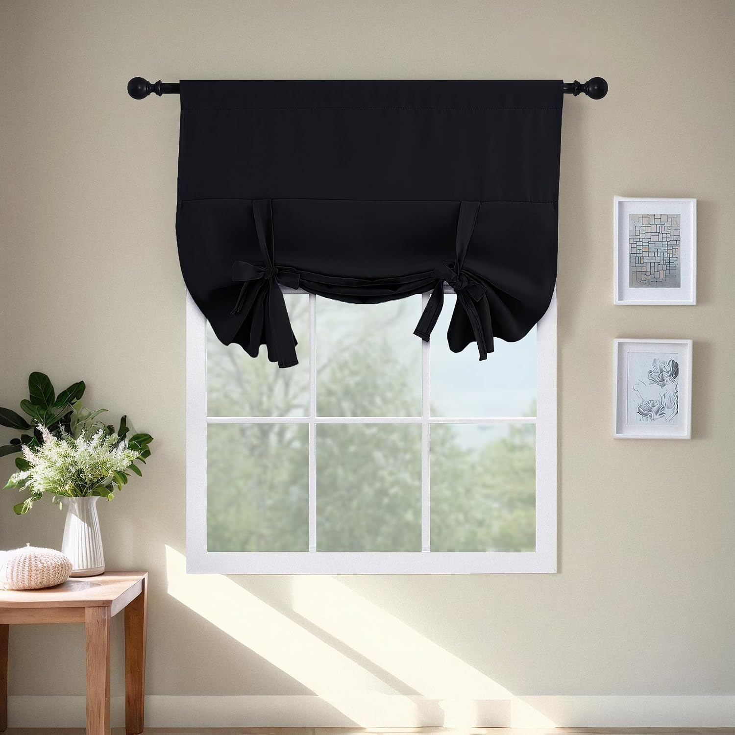 image:imageNICETOWN Thermal Insulated Blackout Short Curtain Bathroom Curtain Gray Tie Up Shade for Small Window Window Valance Balloon Roman Blind Rod Pocket Panel 46 inches W x 63 inches LBlack