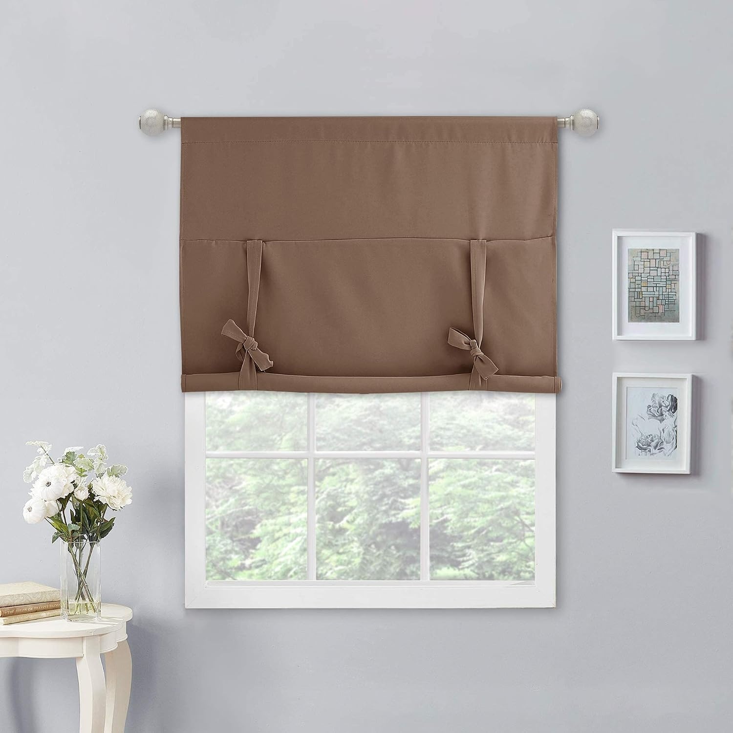 image:imageNICETOWN Thermal Insulated Blackout Short Curtain Bathroom Curtain Gray Tie Up Shade for Small Window Window Valance Balloon Roman Blind Rod Pocket Panel 46 inches W x 63 inches LCappuccino