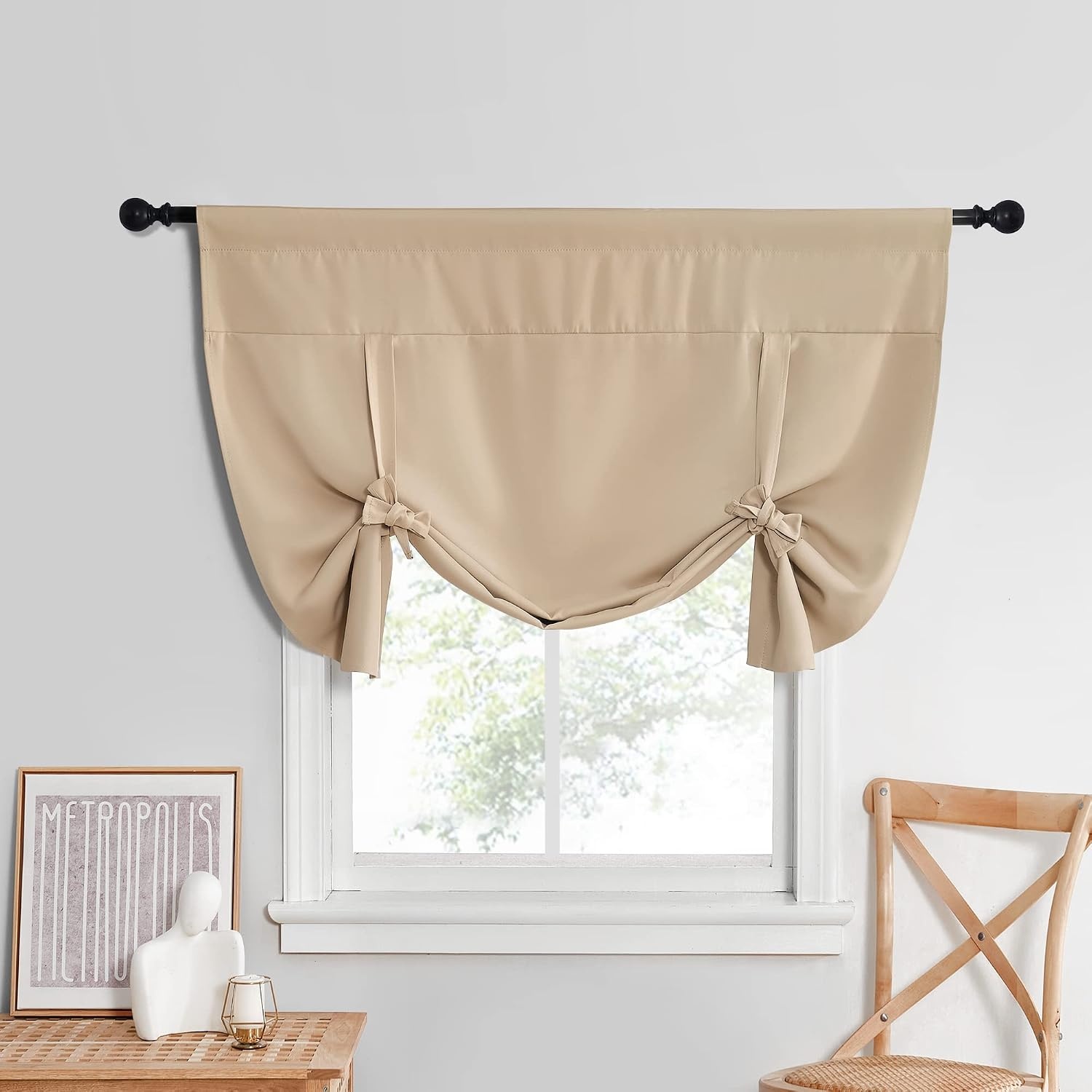 image:imageNICETOWN Thermal Insulated Blackout Short Curtain Bathroom Curtain Gray Tie Up Shade for Small Window Window Valance Balloon Roman Blind Rod Pocket Panel 46 inches W x 63 inches LBiscotti Beige