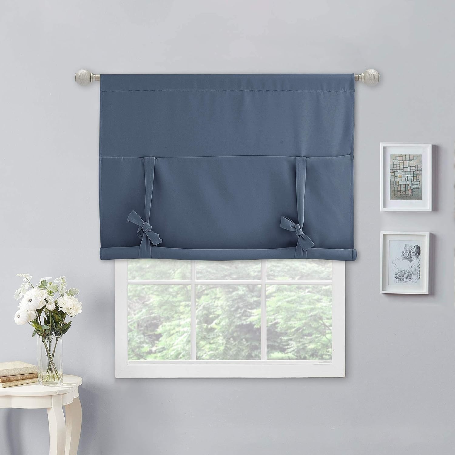 image:imageNICETOWN Thermal Insulated Blackout Short Curtain Bathroom Curtain Gray Tie Up Shade for Small Window Window Valance Balloon Roman Blind Rod Pocket Panel 46 inches W x 63 inches LStone Blue