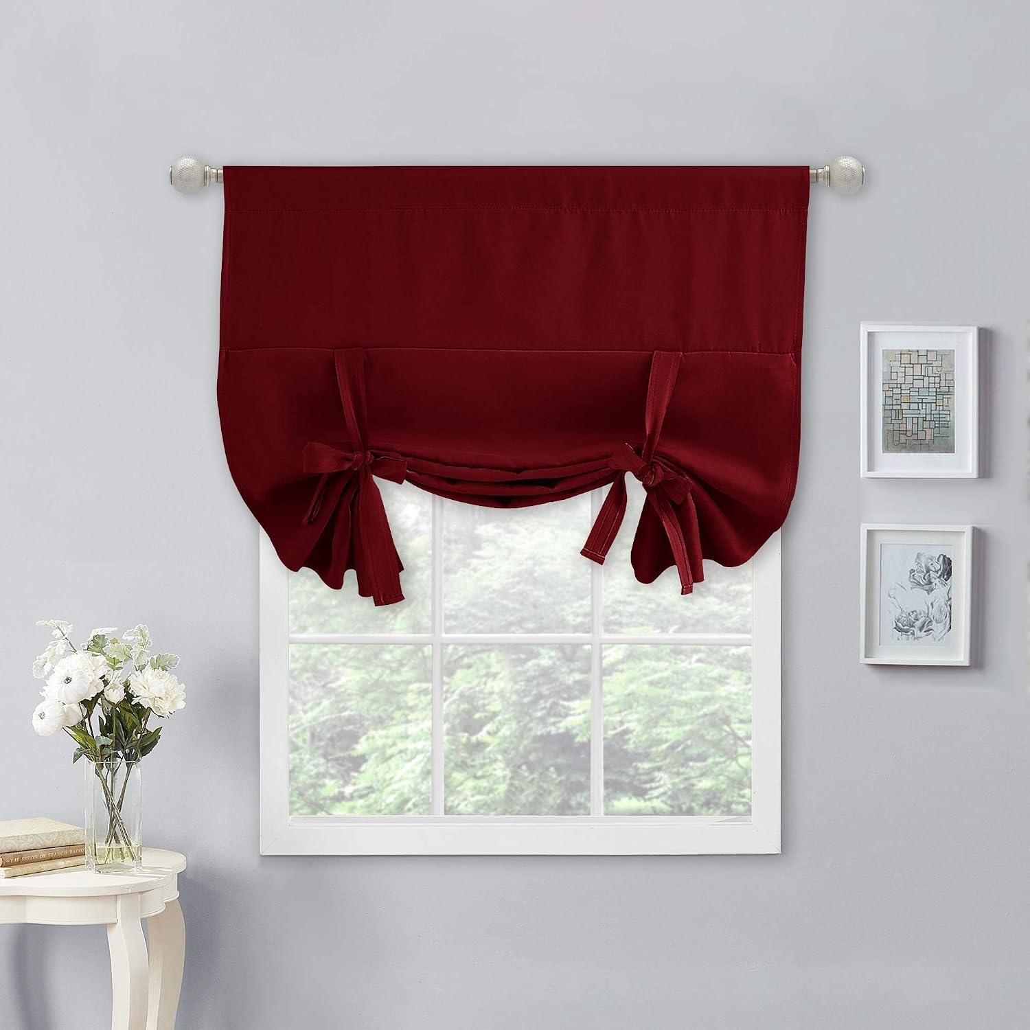 image:imageNICETOWN Thermal Insulated Blackout Short Curtain Bathroom Curtain Gray Tie Up Shade for Small Window Window Valance Balloon Roman Blind Rod Pocket Panel 46 inches W x 63 inches LBurgundy Red