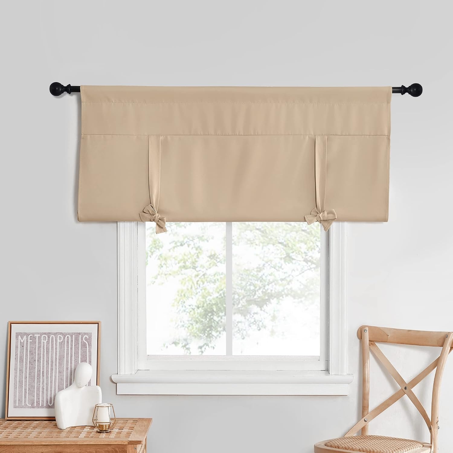 image:imageNICETOWN Thermal Insulated Blackout Short Curtain Bathroom Curtain Gray Tie Up Shade for Small Window Window Valance Balloon Roman Blind Rod Pocket Panel 46 inches W x 63 inches LBiscotti Beige