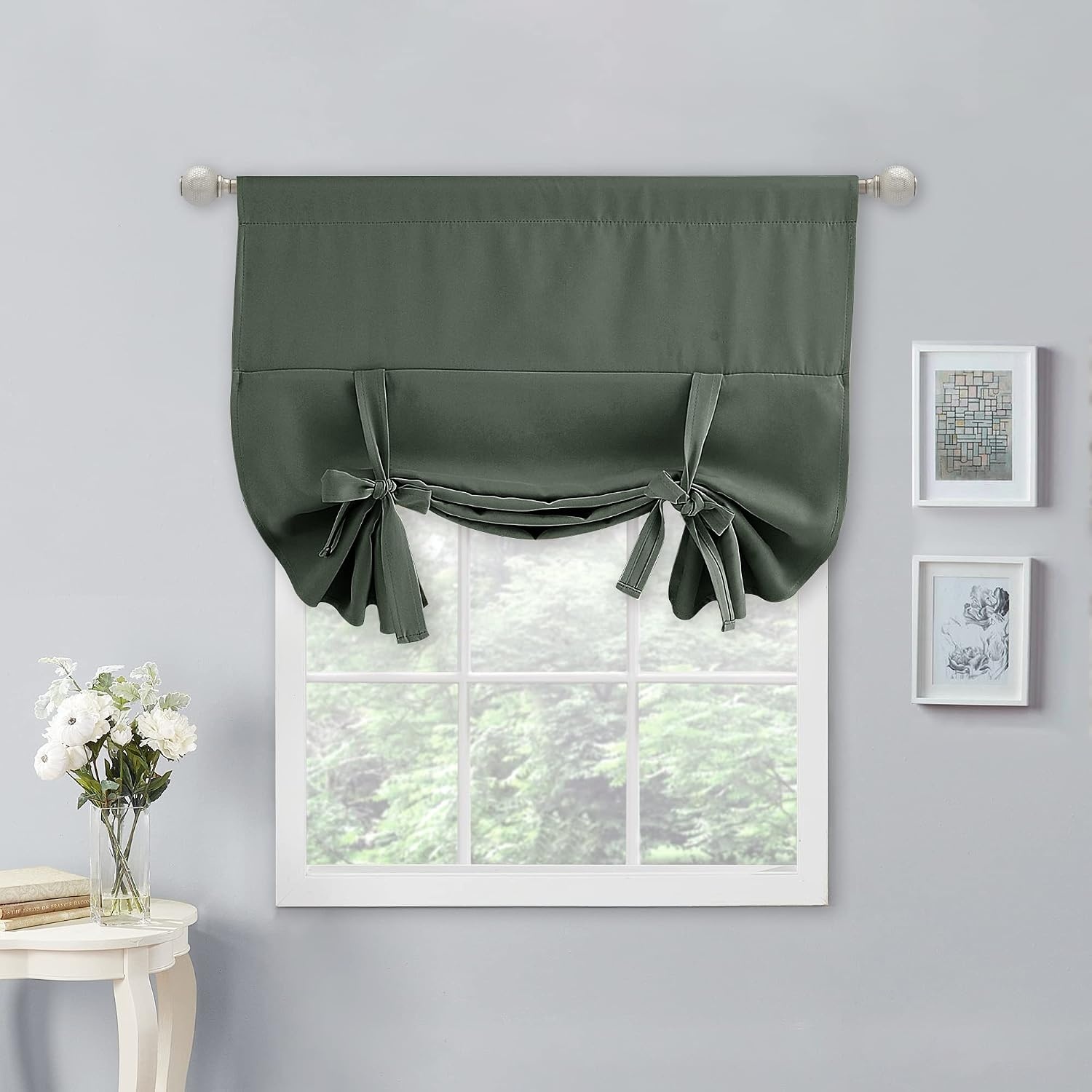 image:imageNICETOWN Thermal Insulated Blackout Short Curtain Bathroom Curtain Gray Tie Up Shade for Small Window Window Valance Balloon Roman Blind Rod Pocket Panel 46 inches W x 63 inches LDark Mallard