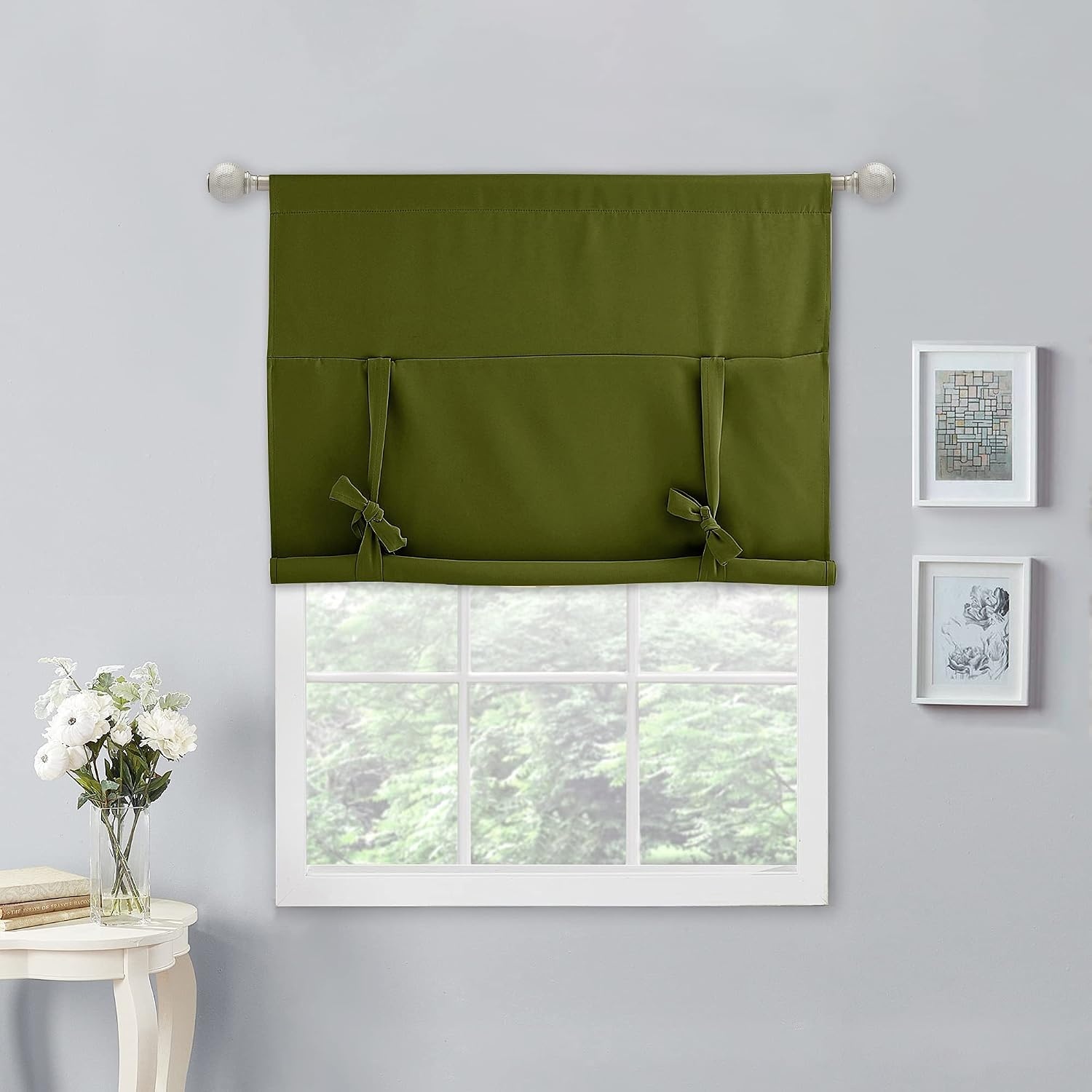 image:imageNICETOWN Thermal Insulated Blackout Short Curtain Bathroom Curtain Gray Tie Up Shade for Small Window Window Valance Balloon Roman Blind Rod Pocket Panel 46 inches W x 63 inches LOlive Green