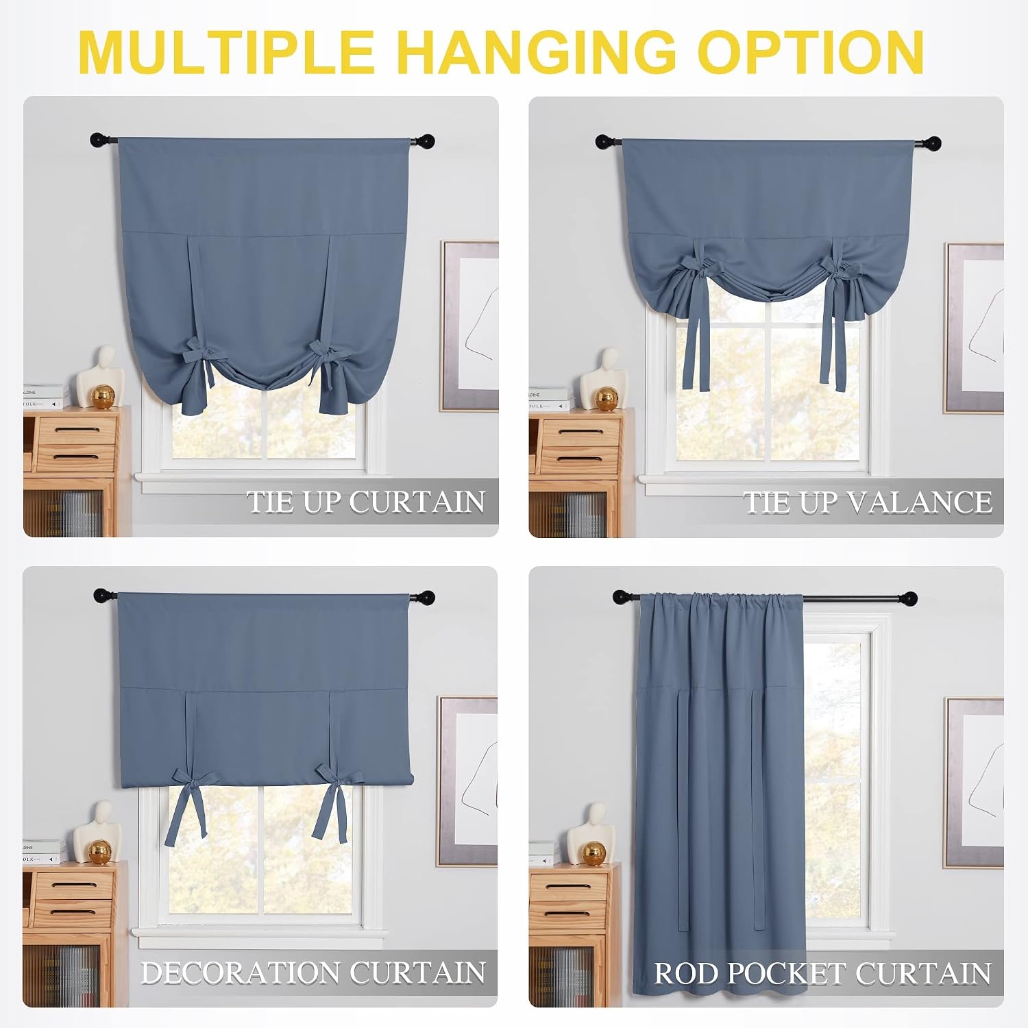 image:imageNICETOWN Thermal Insulated Blackout Short Curtain Bathroom Curtain Gray Tie Up Shade for Small Window Window Valance Balloon Roman Blind Rod Pocket Panel 46 inches W x 63 inches LStone Blue