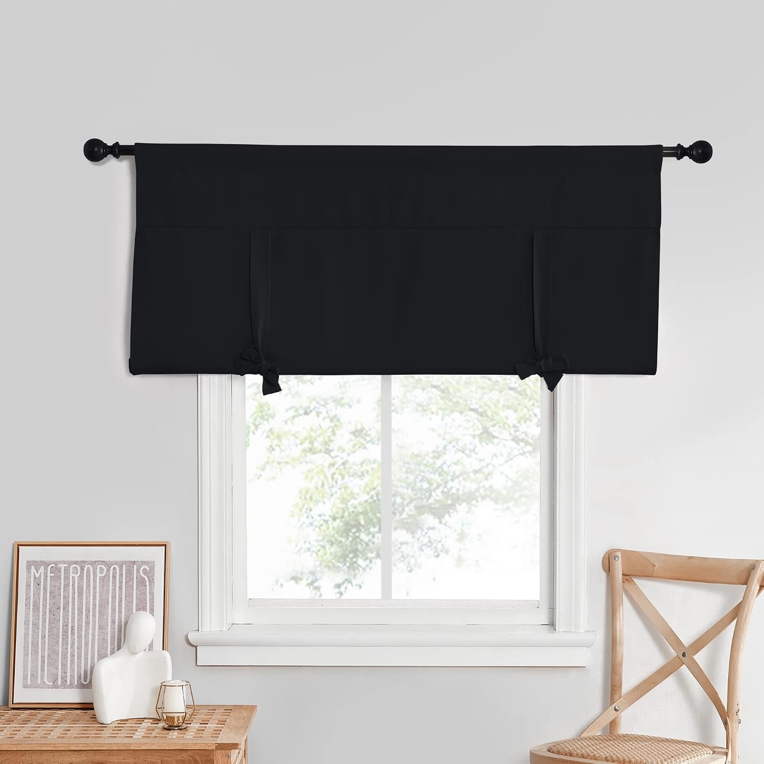 image:imageNICETOWN Thermal Insulated Blackout Short Curtain Bathroom Curtain Gray Tie Up Shade for Small Window Window Valance Balloon Roman Blind Rod Pocket Panel 46 inches W x 63 inches LBlack
